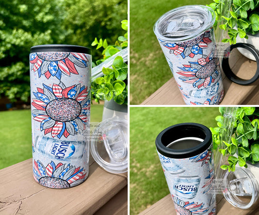 American Sunflower Beer 12oz Skinny Can Cooler Duo-Lid Tumbler