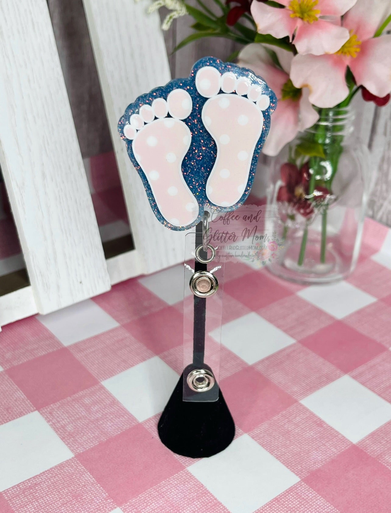 Pink and Blue Polkadot Feet Designer Badge Reel