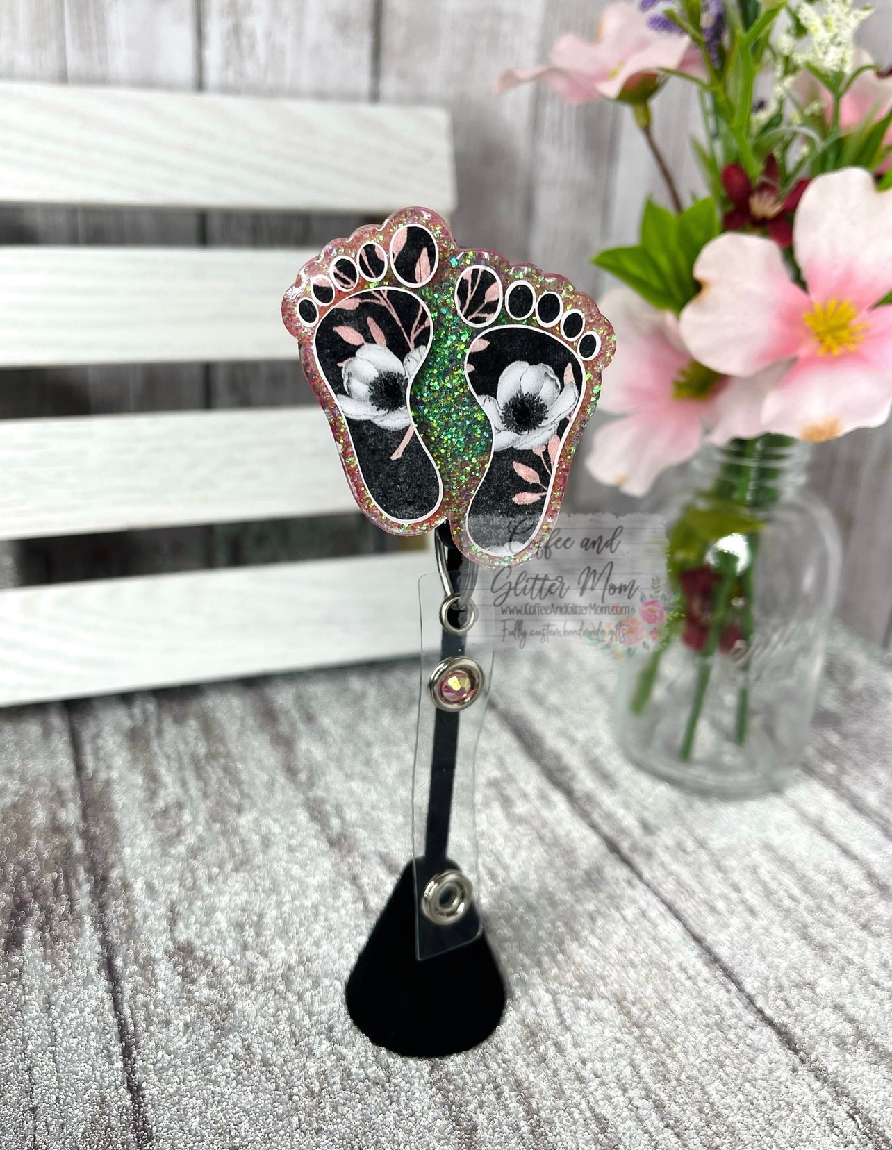 Black and Pink Floral Feet Badge Reel