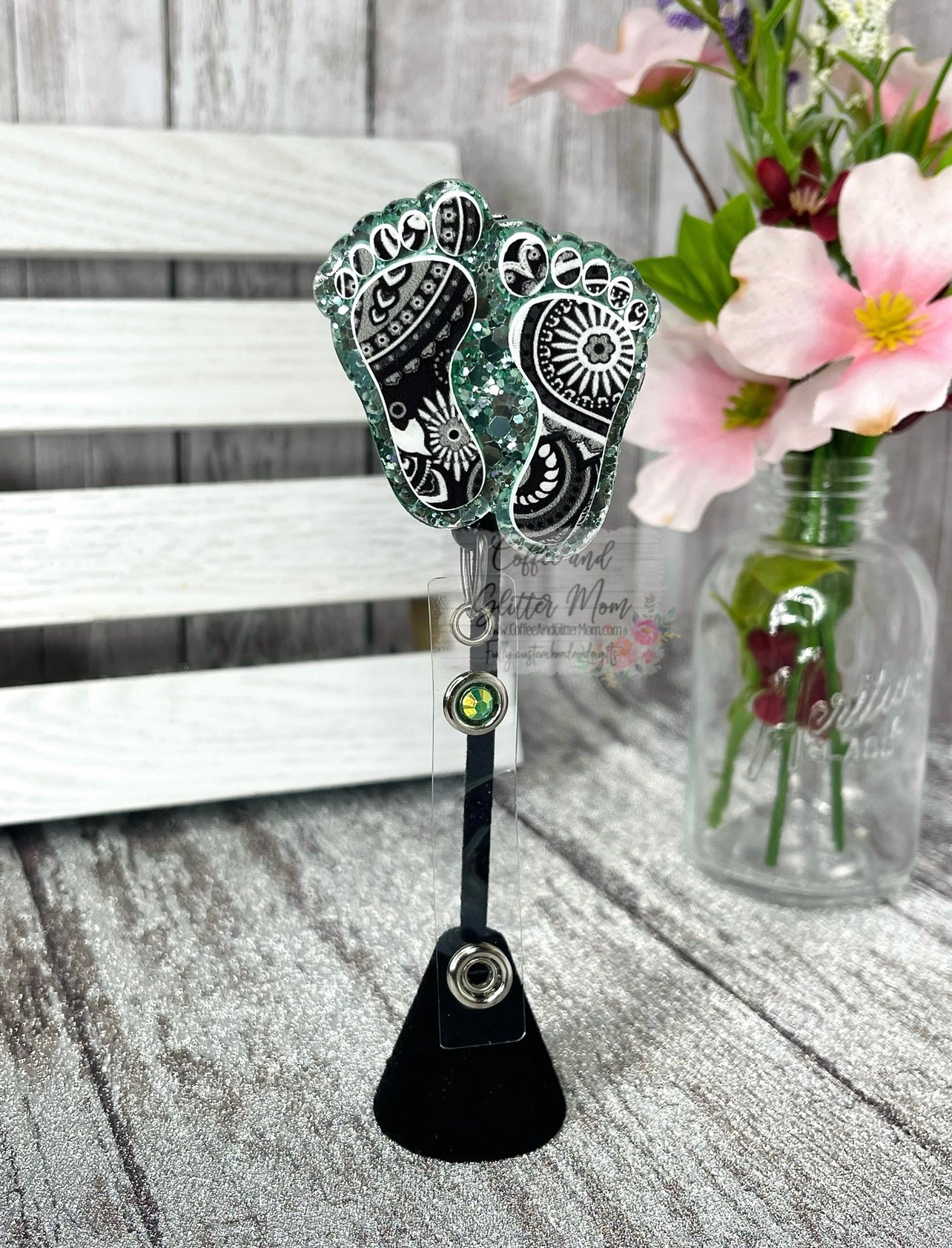 Black and White Sage Mandala Feet Badge Reel