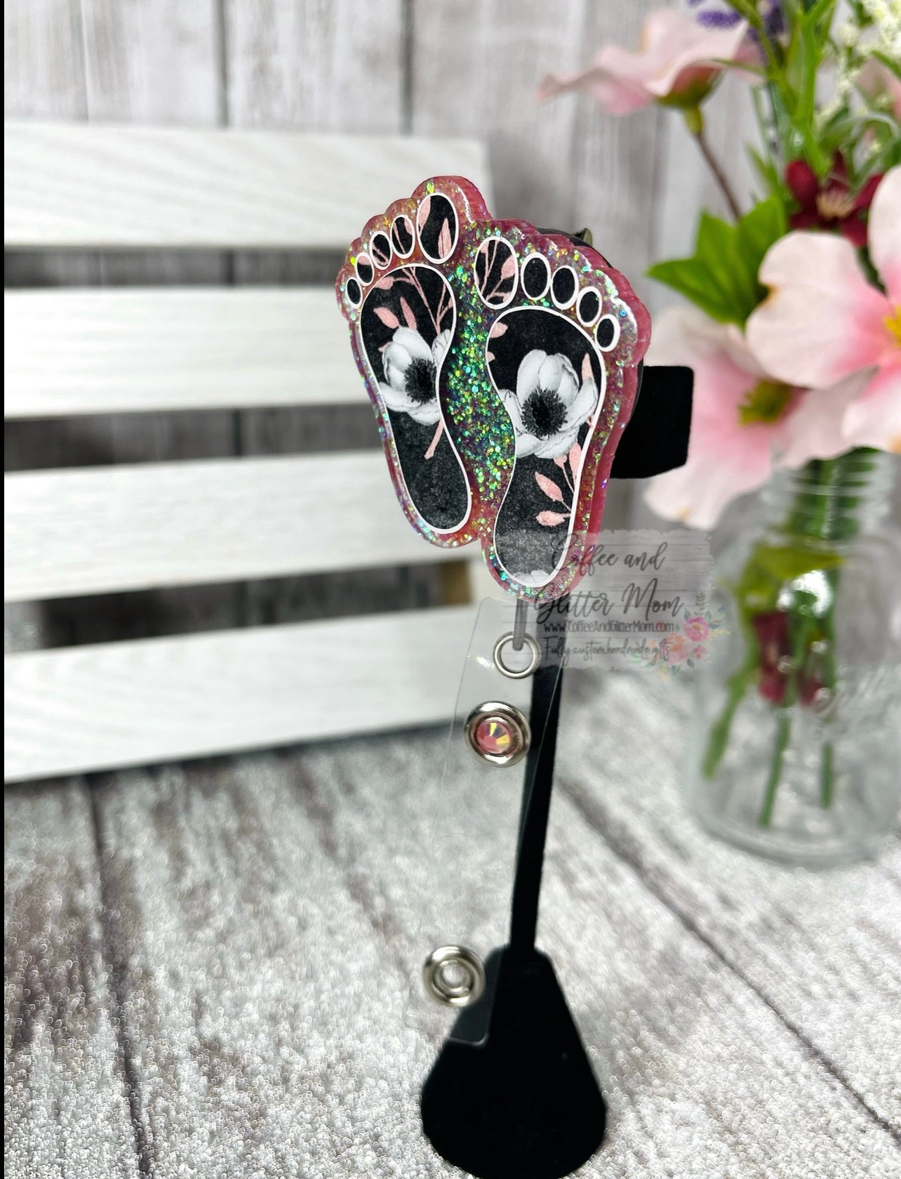 Black and Pink Floral Feet Badge Reel