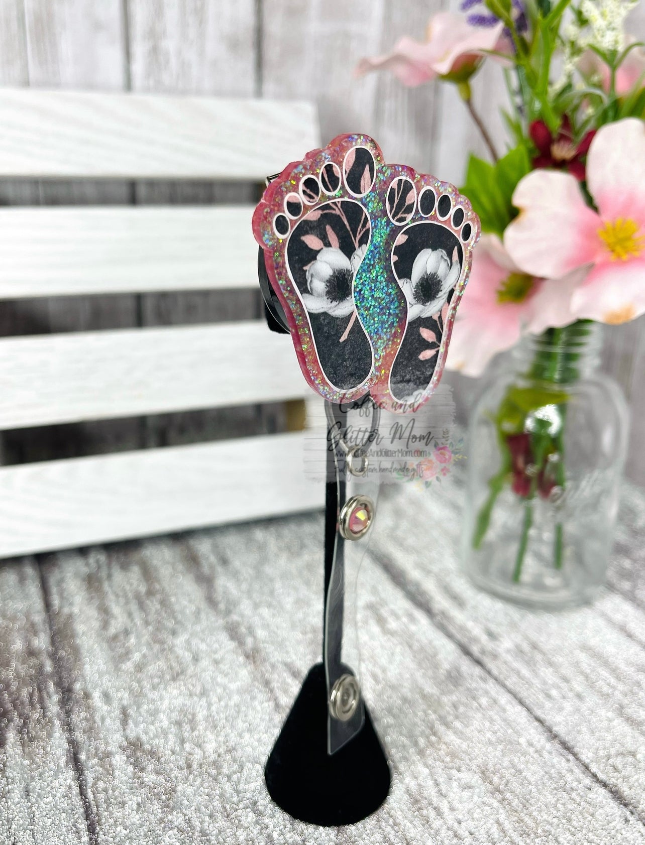 Black and Pink Floral Feet Badge Reel
