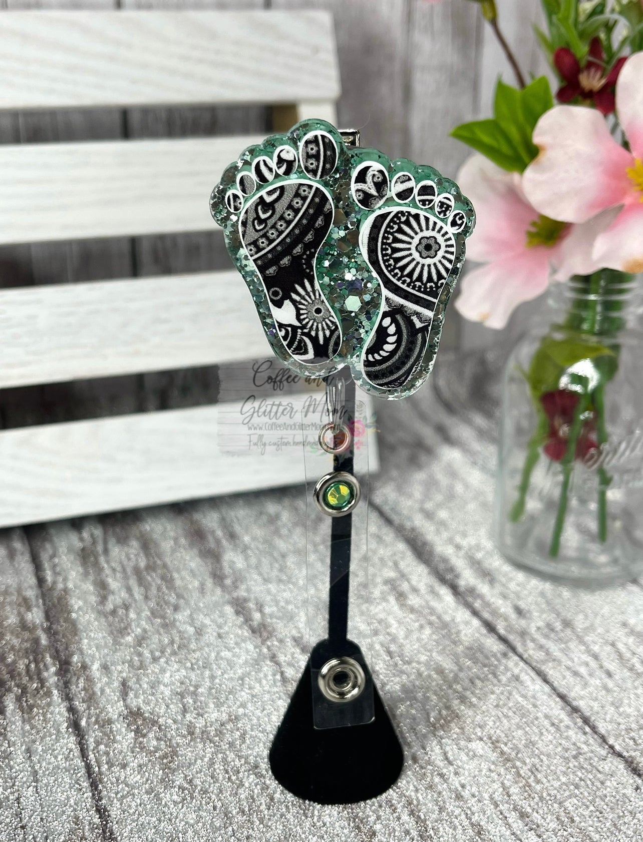 Black and White Sage Mandala Feet Badge Reel
