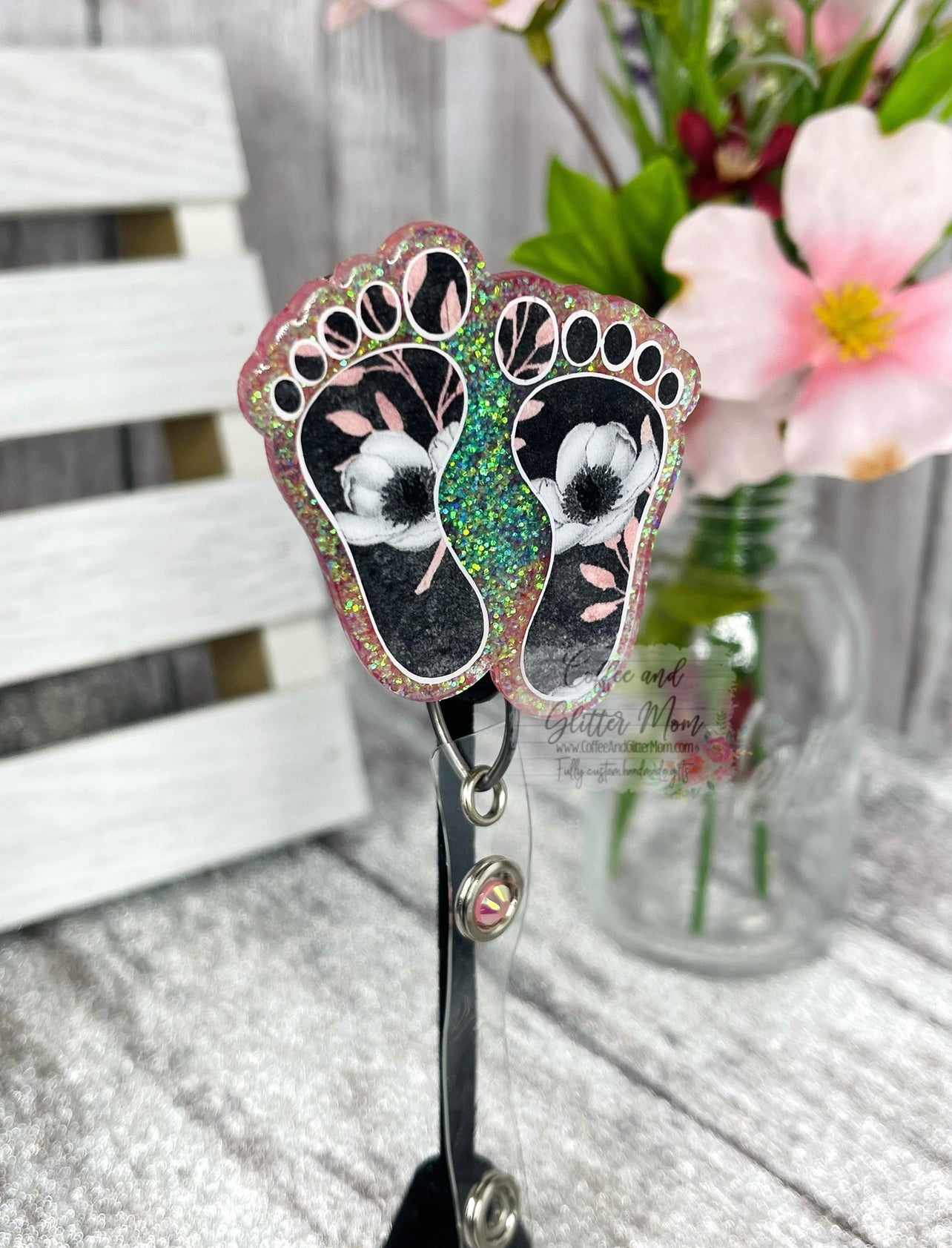 Black and Pink Floral Feet Badge Reel
