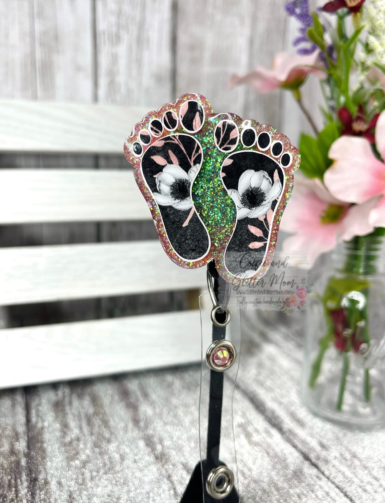 Black and Pink Floral Feet Badge Reel