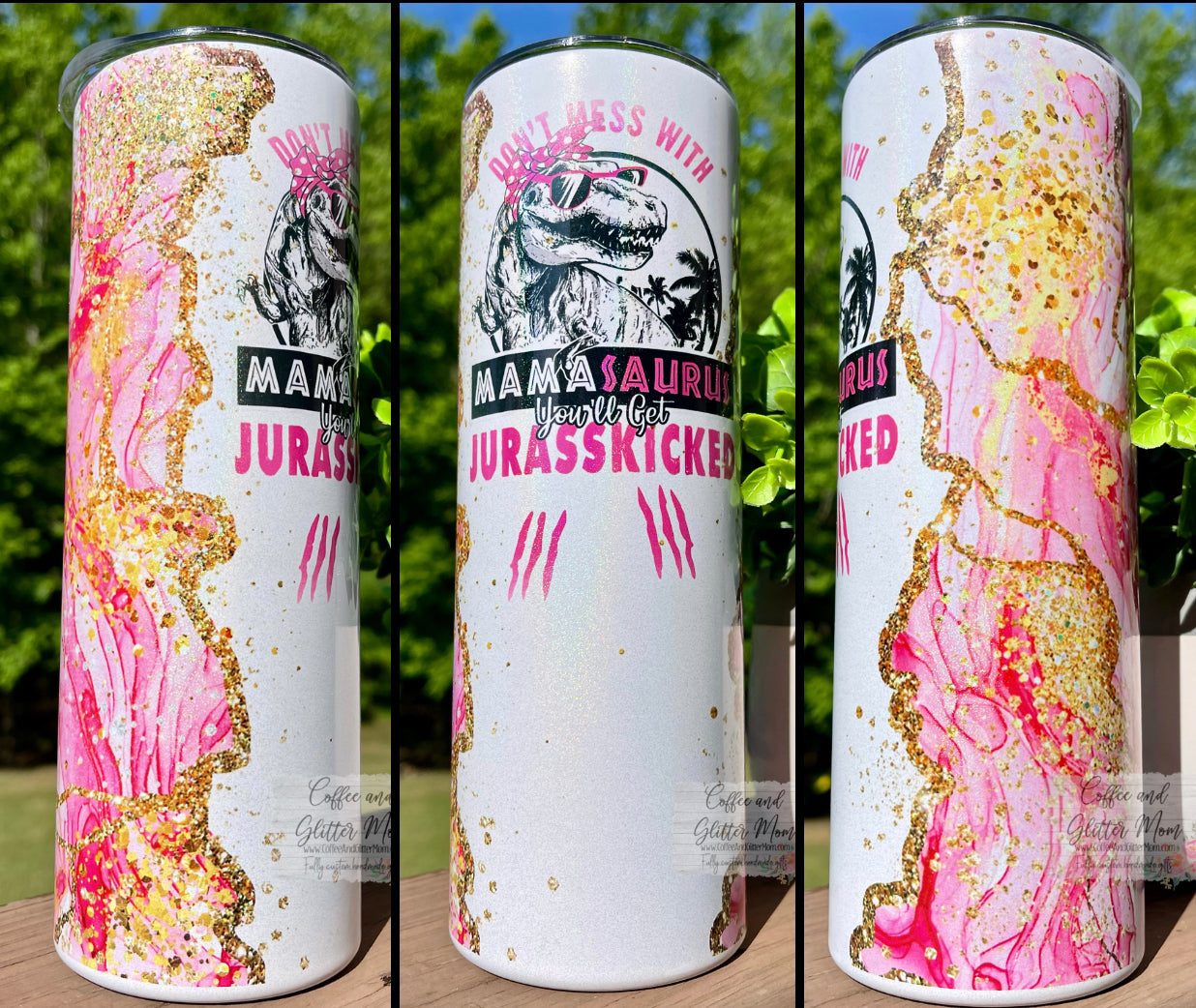 Don't Mess With Mama Dinosaur 20oz White Rainbow Skinny Tumbler