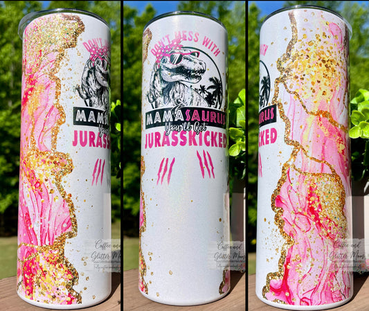 Don't Mess With Mama Dinosaur 20oz White Rainbow Skinny Tumbler