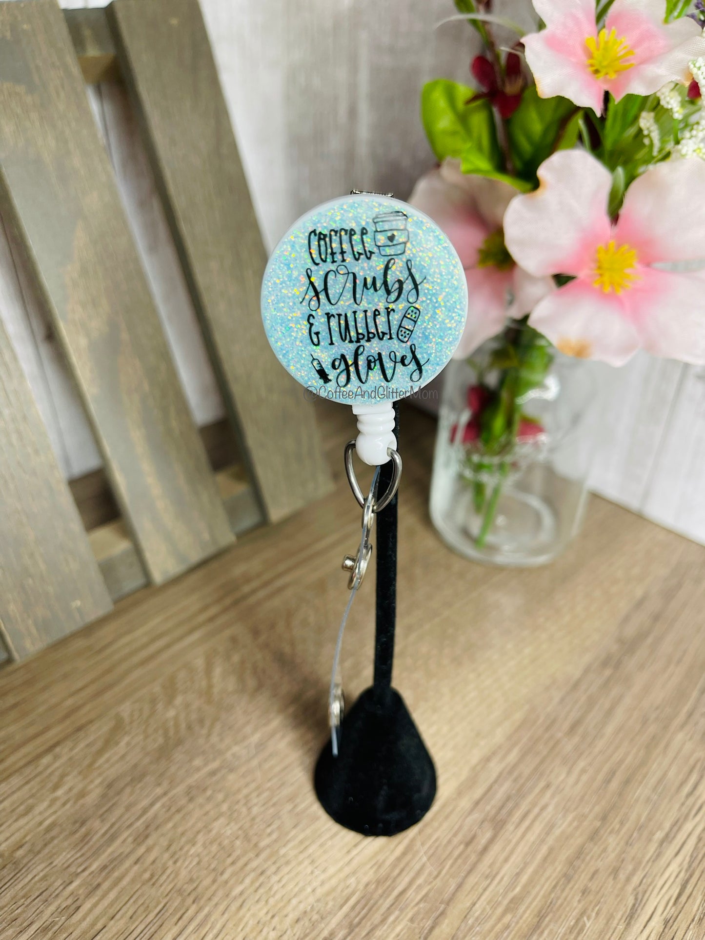 Teal Coffee Scrubs & Rubber Gloves Badge Reel
