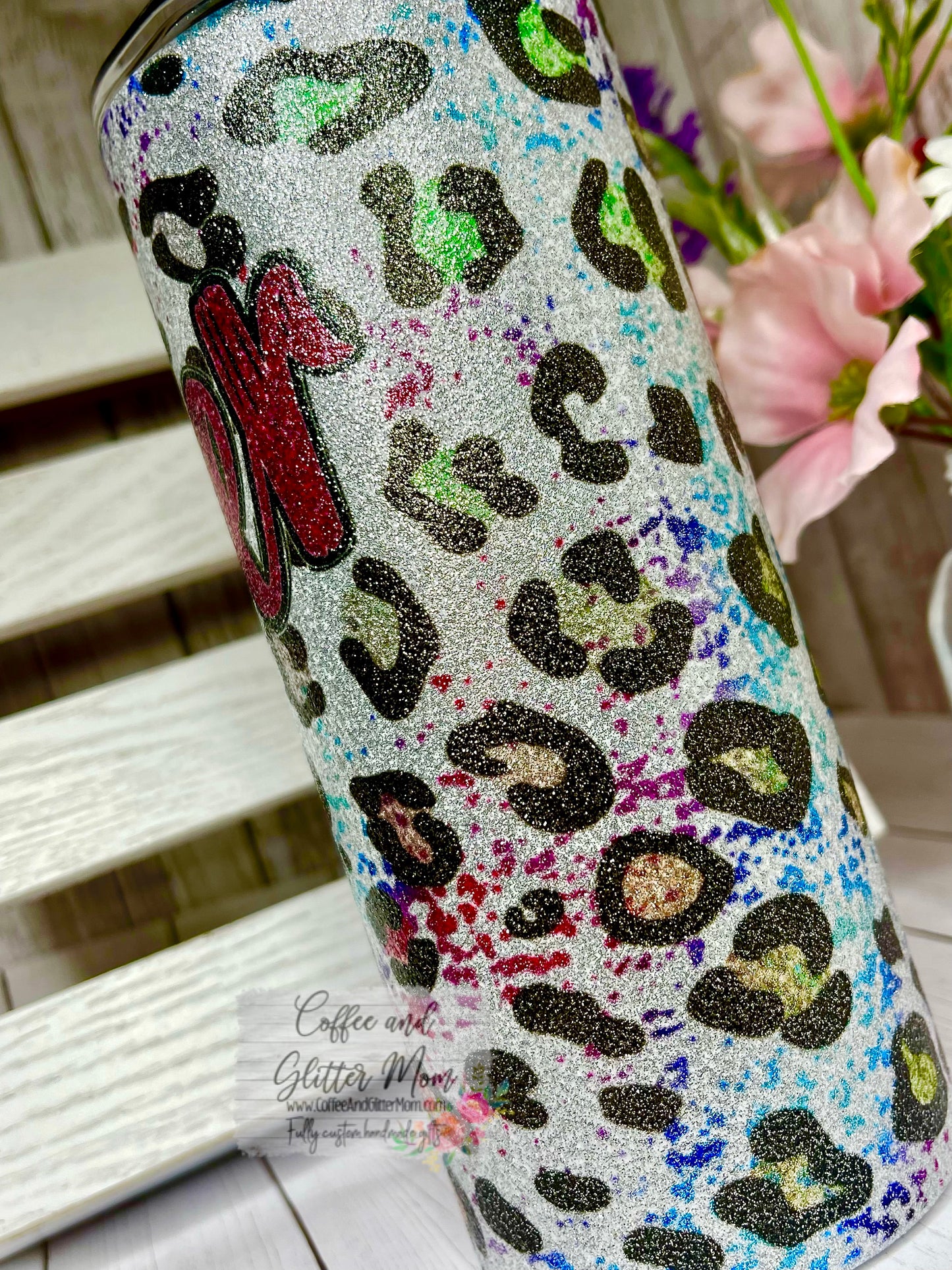 Animal Print Pink Cheer 15oz Silver Glitter Skinny Tumbler