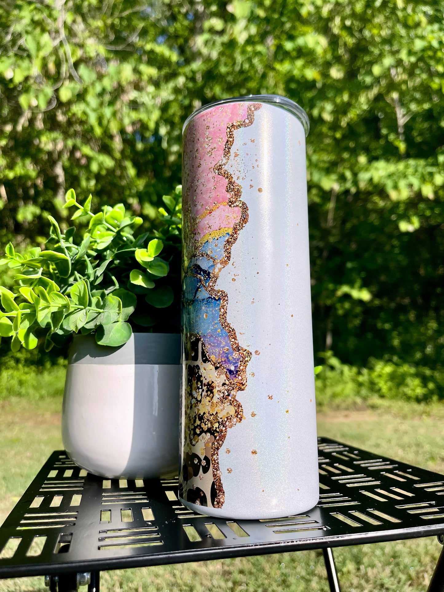 Animal Print Pink Geode Customizable 20oz White Rainbow Skinny Tumbler