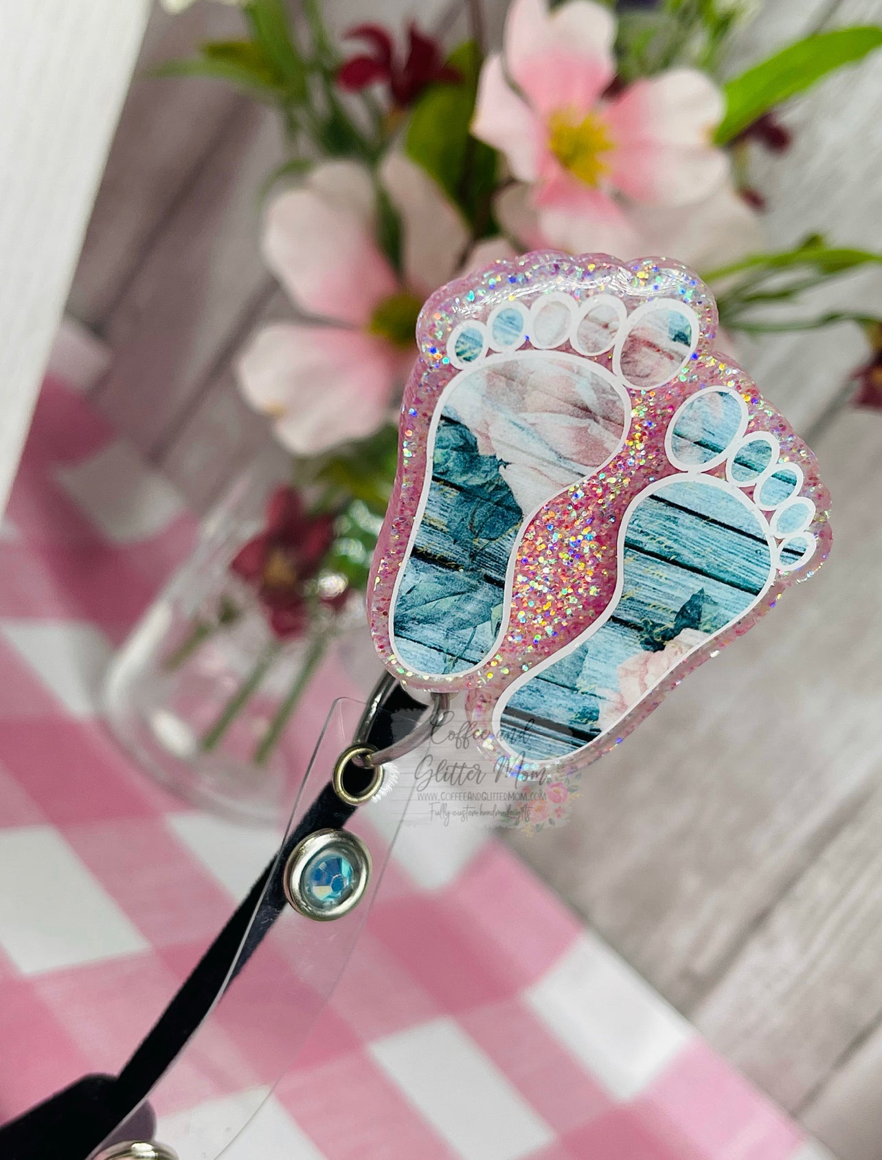 Pink Rose Vintage Feet Designer Badge Reel