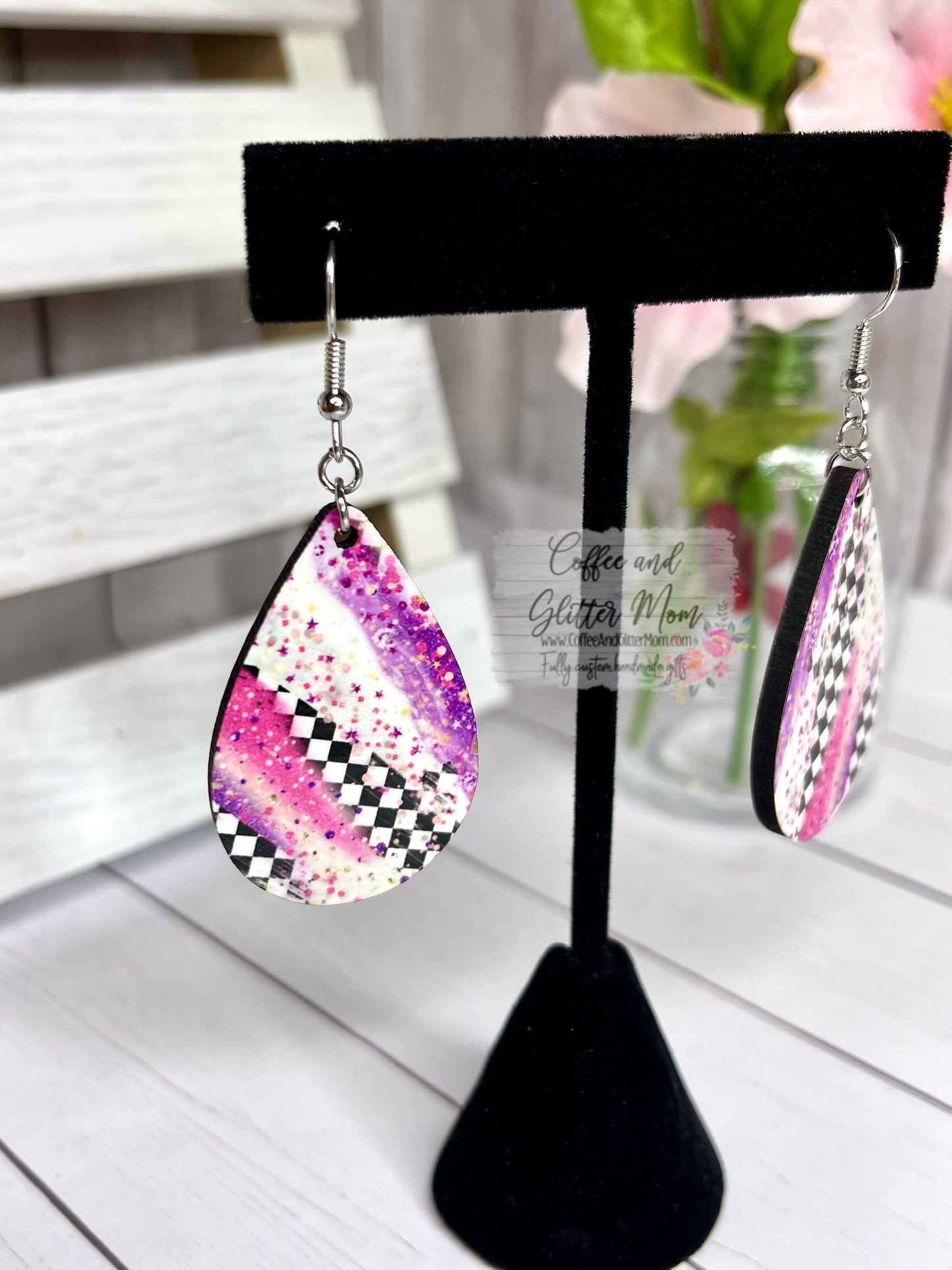 Pink Checkered Teardrop Earrings
