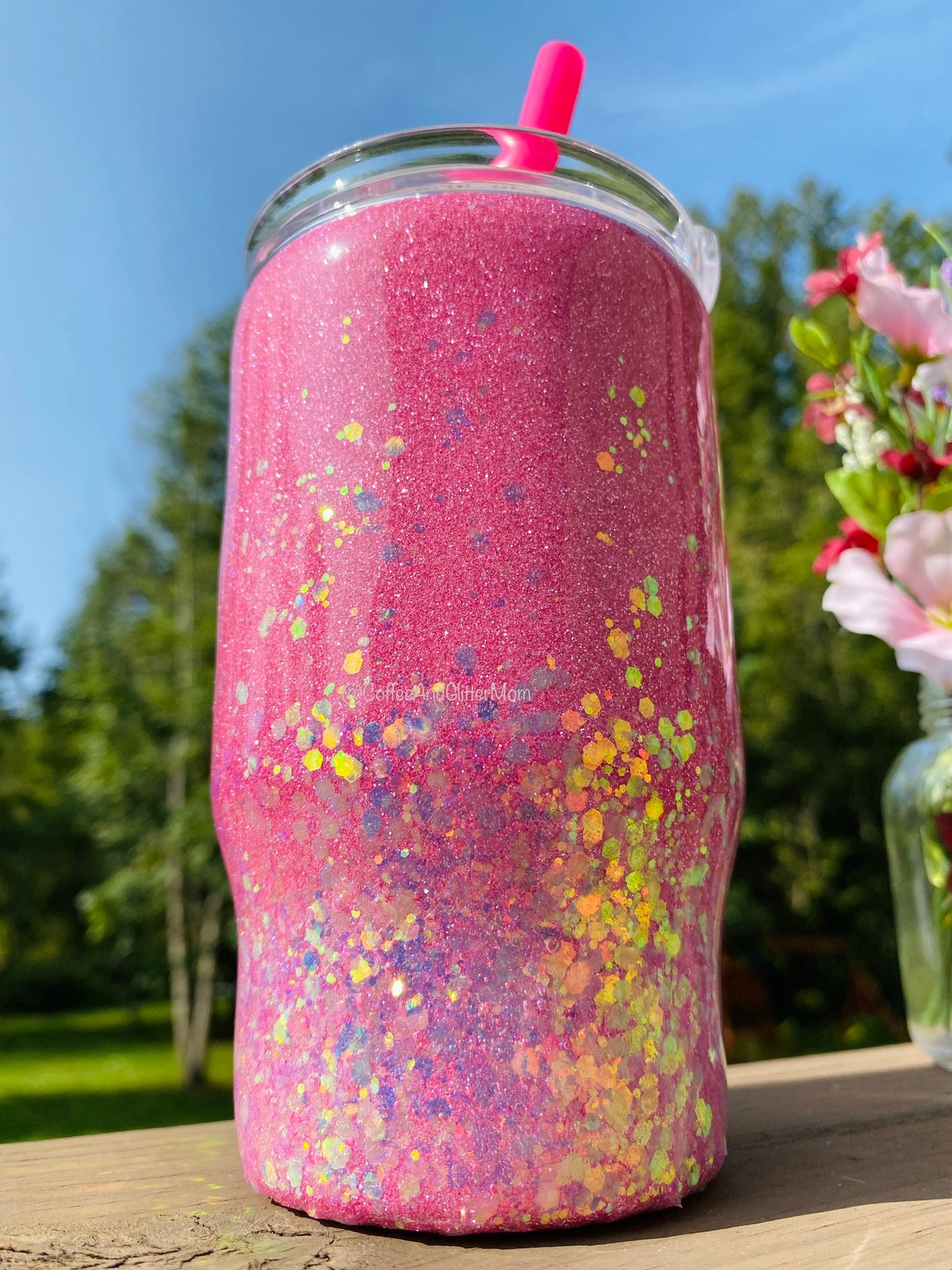 14oz Kids tumbler (with straw) Pink Diamonds and Golden Opal Chunky