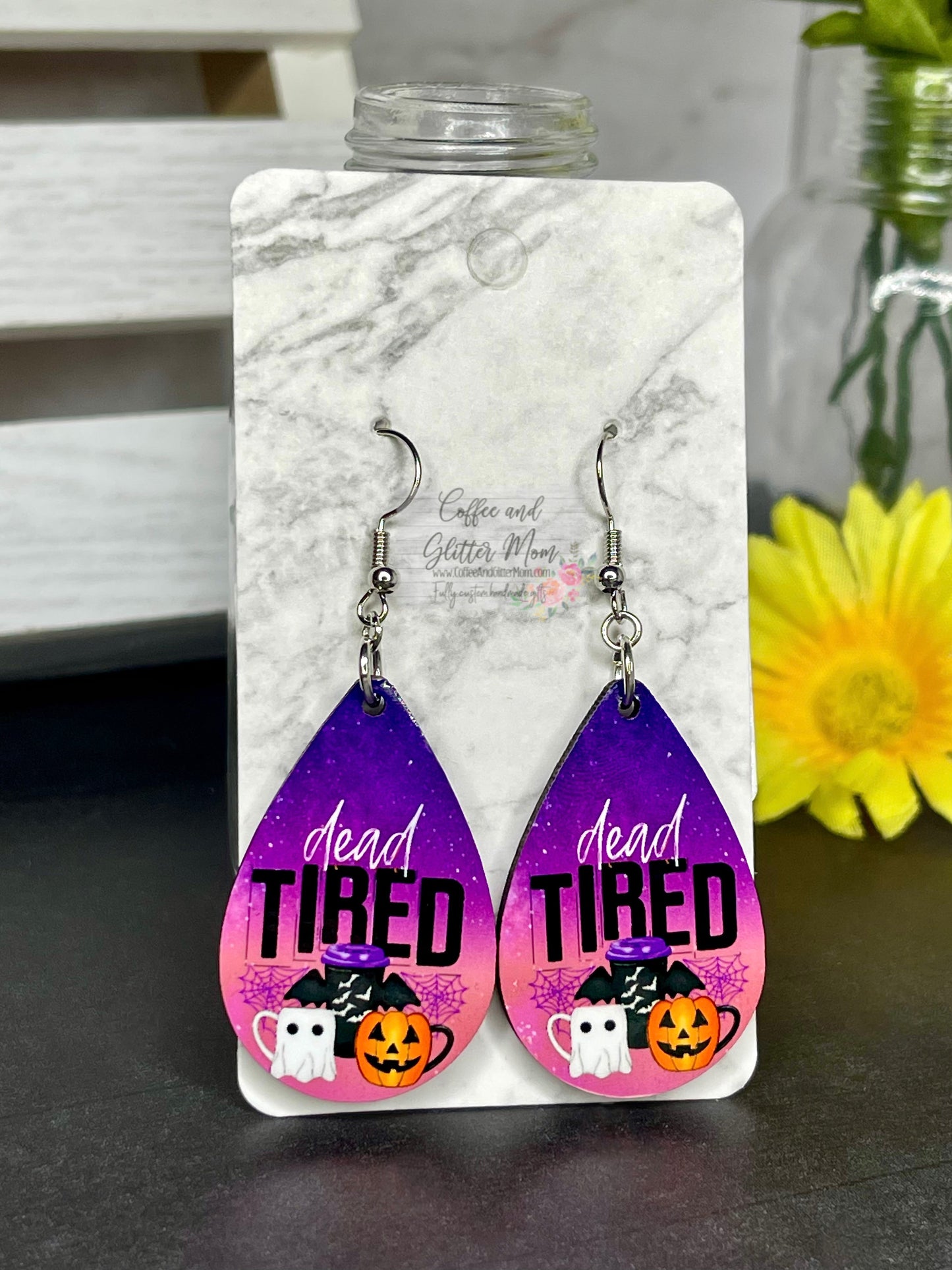 Dead Tired Halloween Teardrop Earrings RTS