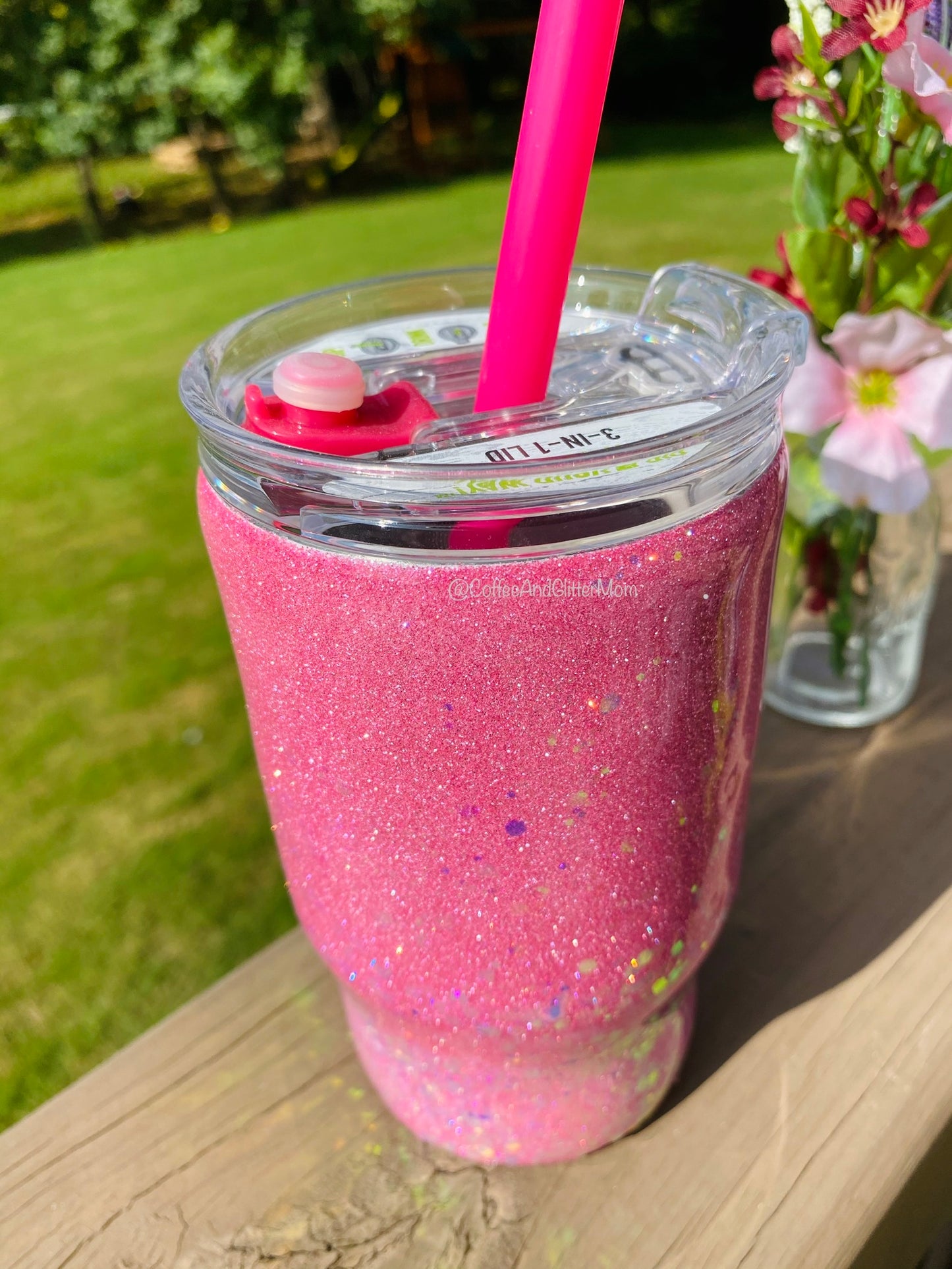 14oz Kids tumbler (with straw) Pink Diamonds and Golden Opal Chunky