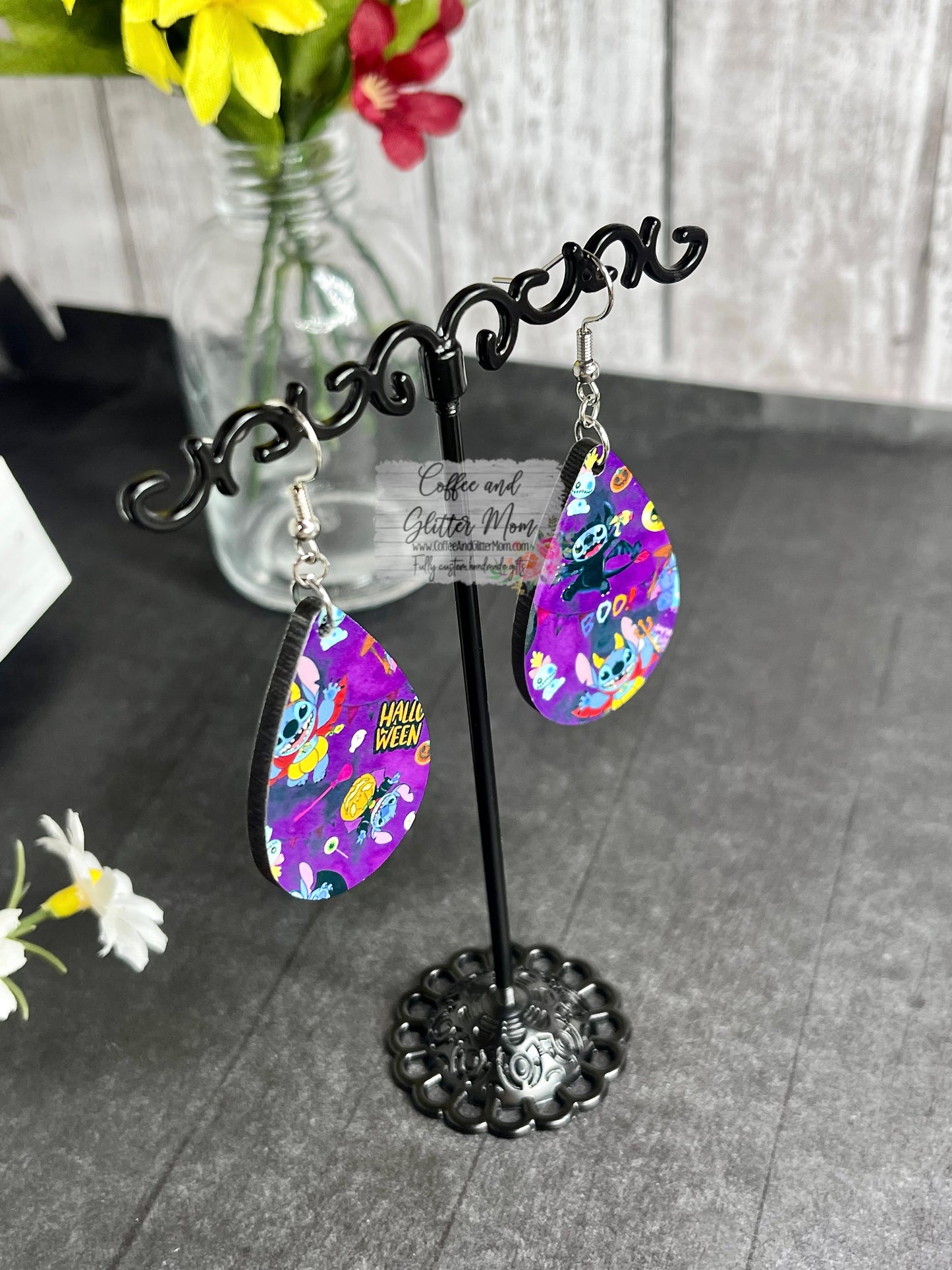 Purple Stitch Halloween Teardrop Earrings