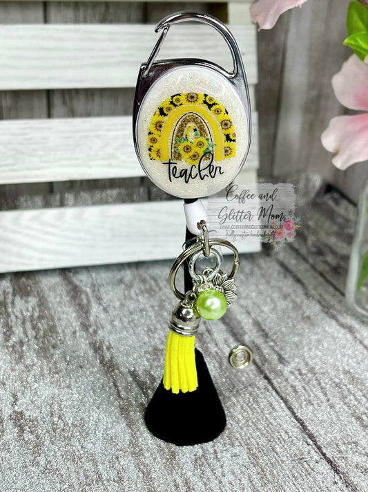 Sunflower Teacher Rainbow Clip On Retractable Key Ring
