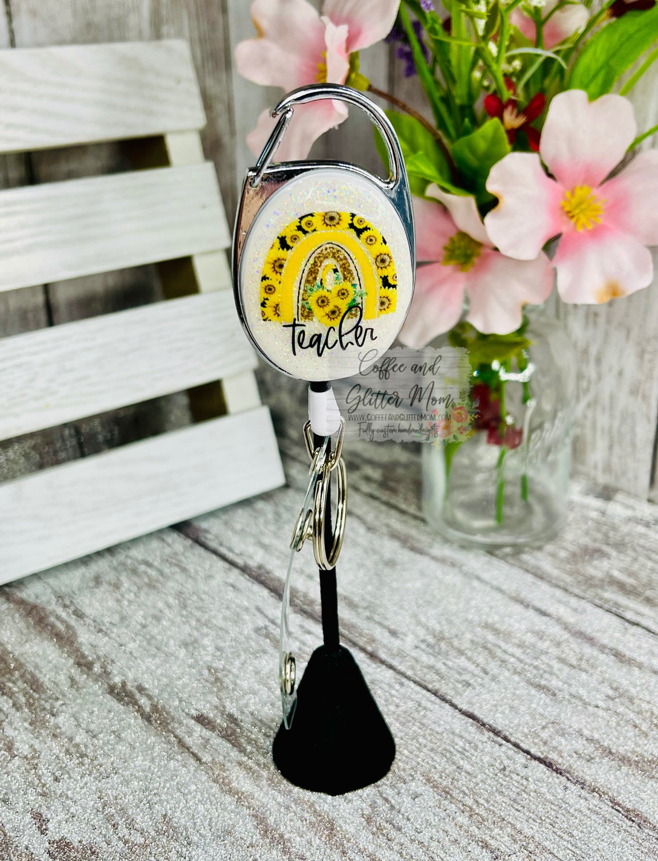 Sunflower Teacher Rainbow Clip On Retractable Key Ring