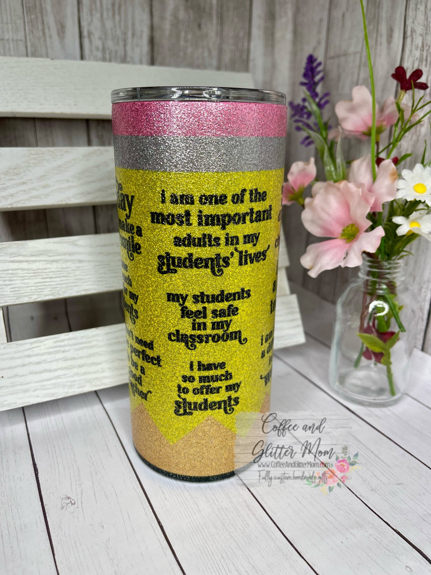 Teacher Inspiration 15oz Silver Glitter Skinny Tumbler