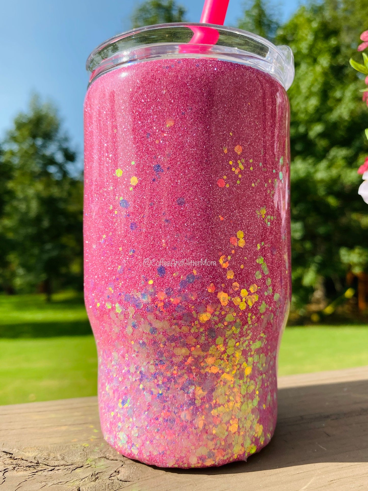 14oz Kids tumbler (with straw) Pink Diamonds and Golden Opal Chunky