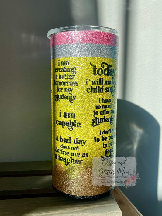 Teacher Inspiration 15oz Silver Glitter Skinny Tumbler