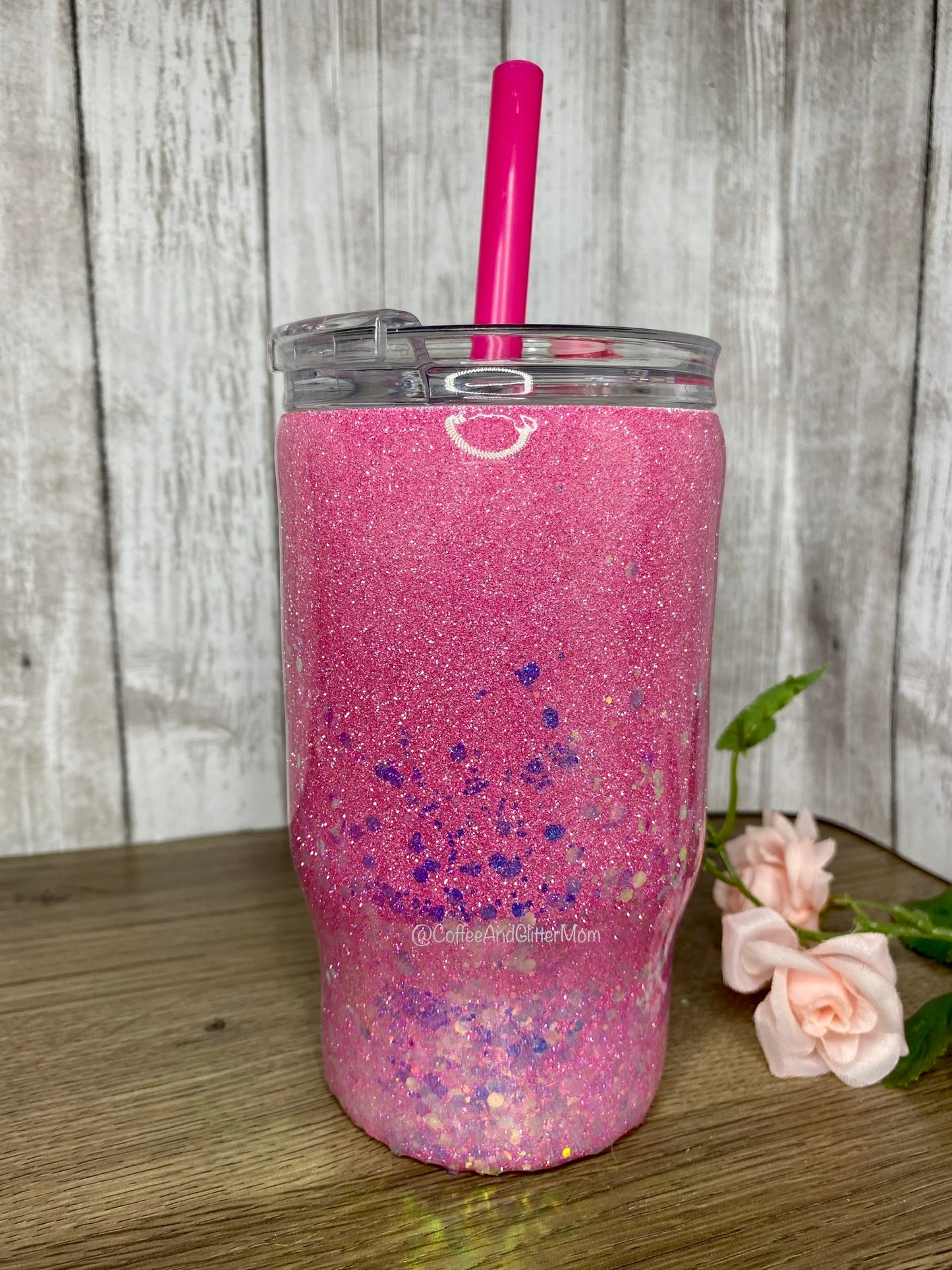 14oz Kids tumbler (with straw) Pink Diamonds and Golden Opal Chunky