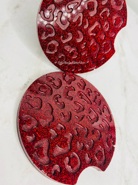 Leopard Print Holographic Red Car Coaster Set