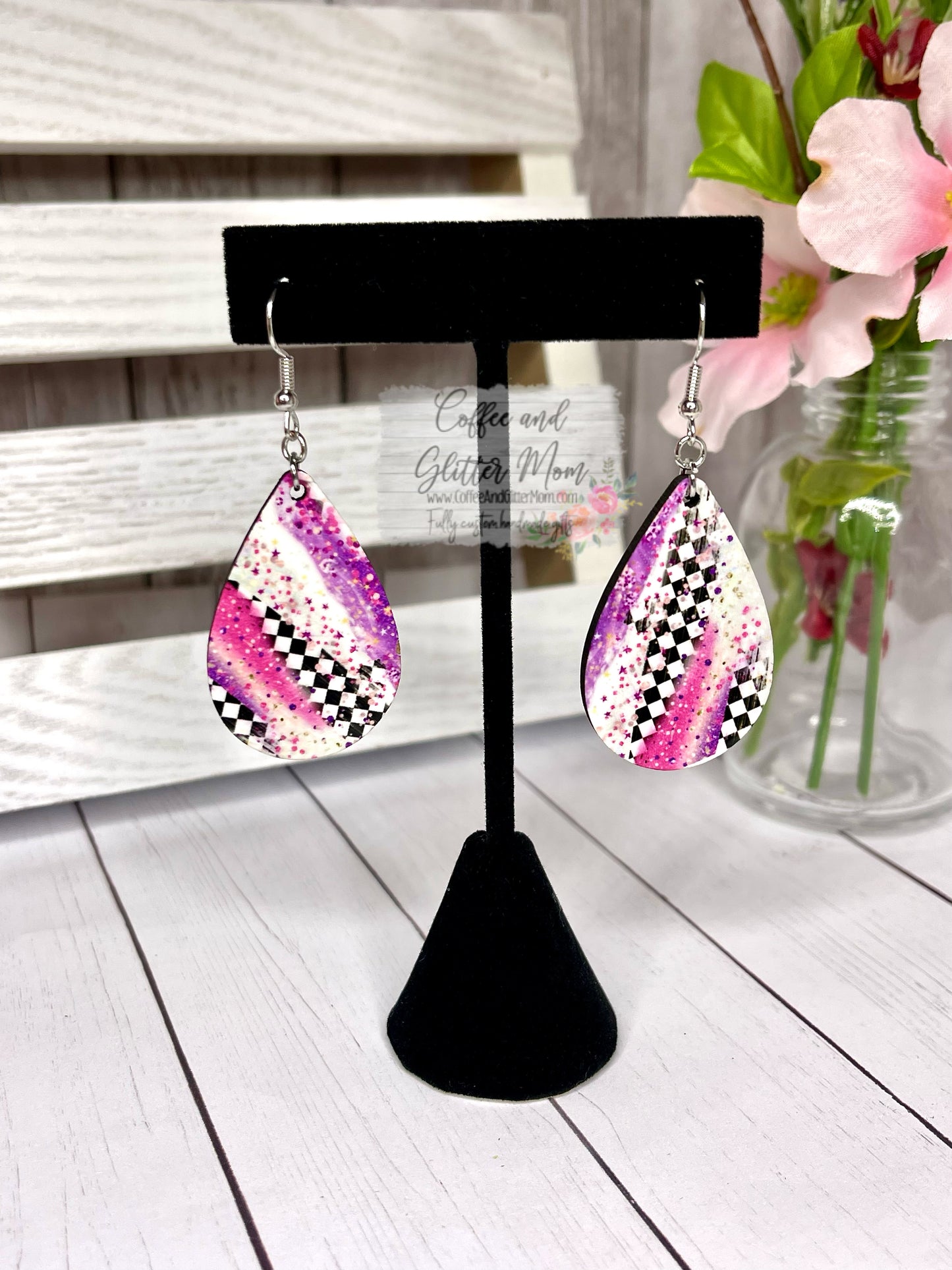 Pink Checkered Teardrop Earrings
