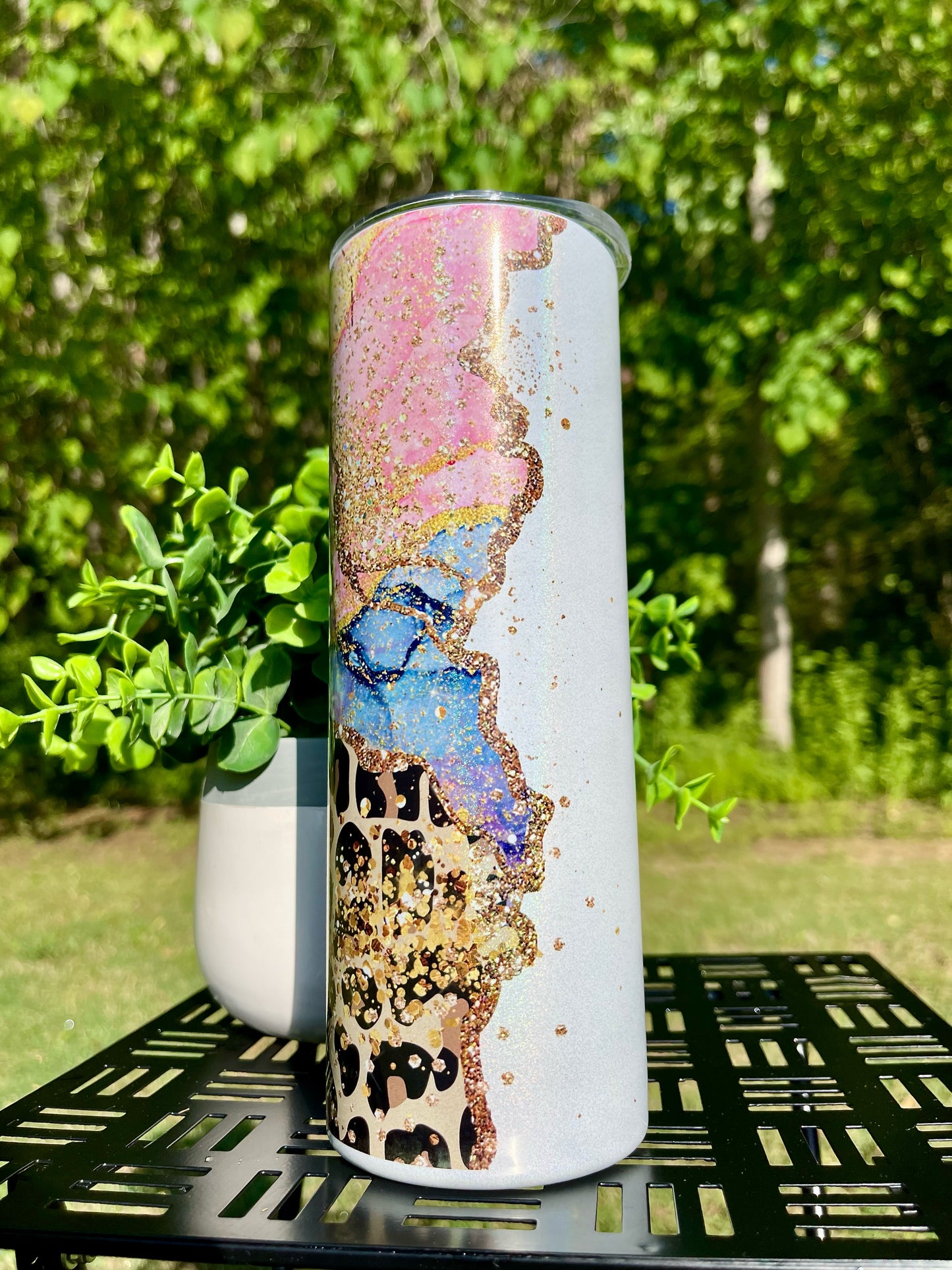 Animal Print Pink Geode Customizable 20oz White Rainbow Skinny Tumbler