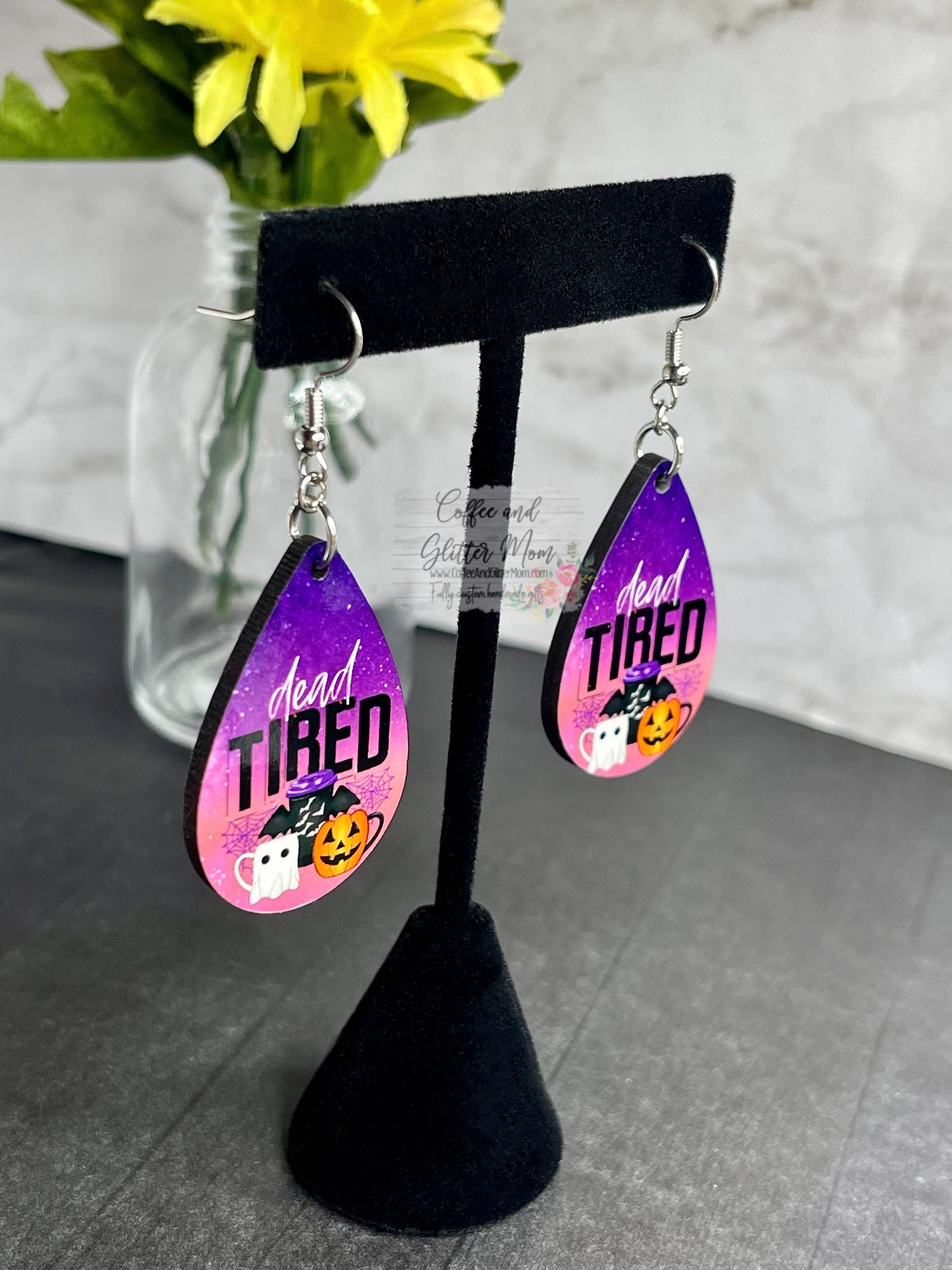 Dead Tired Halloween Teardrop Earrings RTS