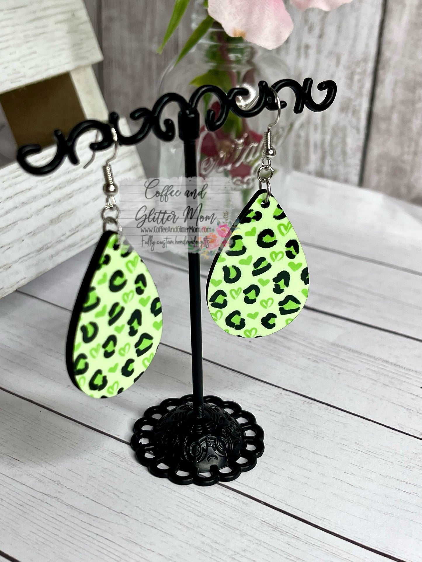Green Leopard Heart Earrings