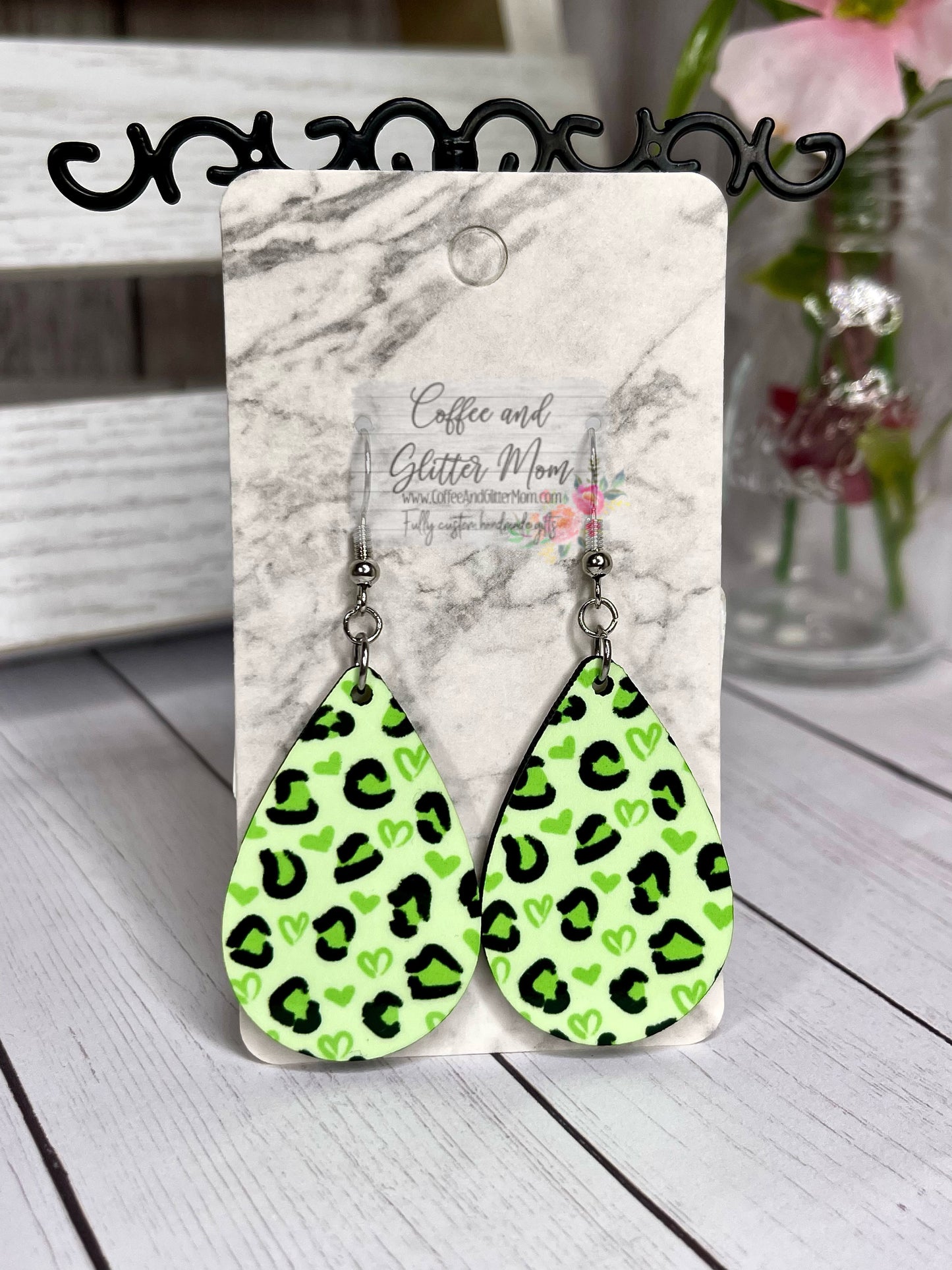 Green Leopard Heart Earrings
