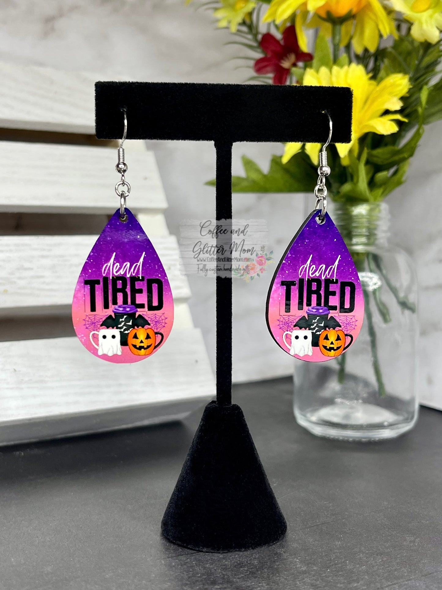 Dead Tired Halloween Teardrop Earrings RTS
