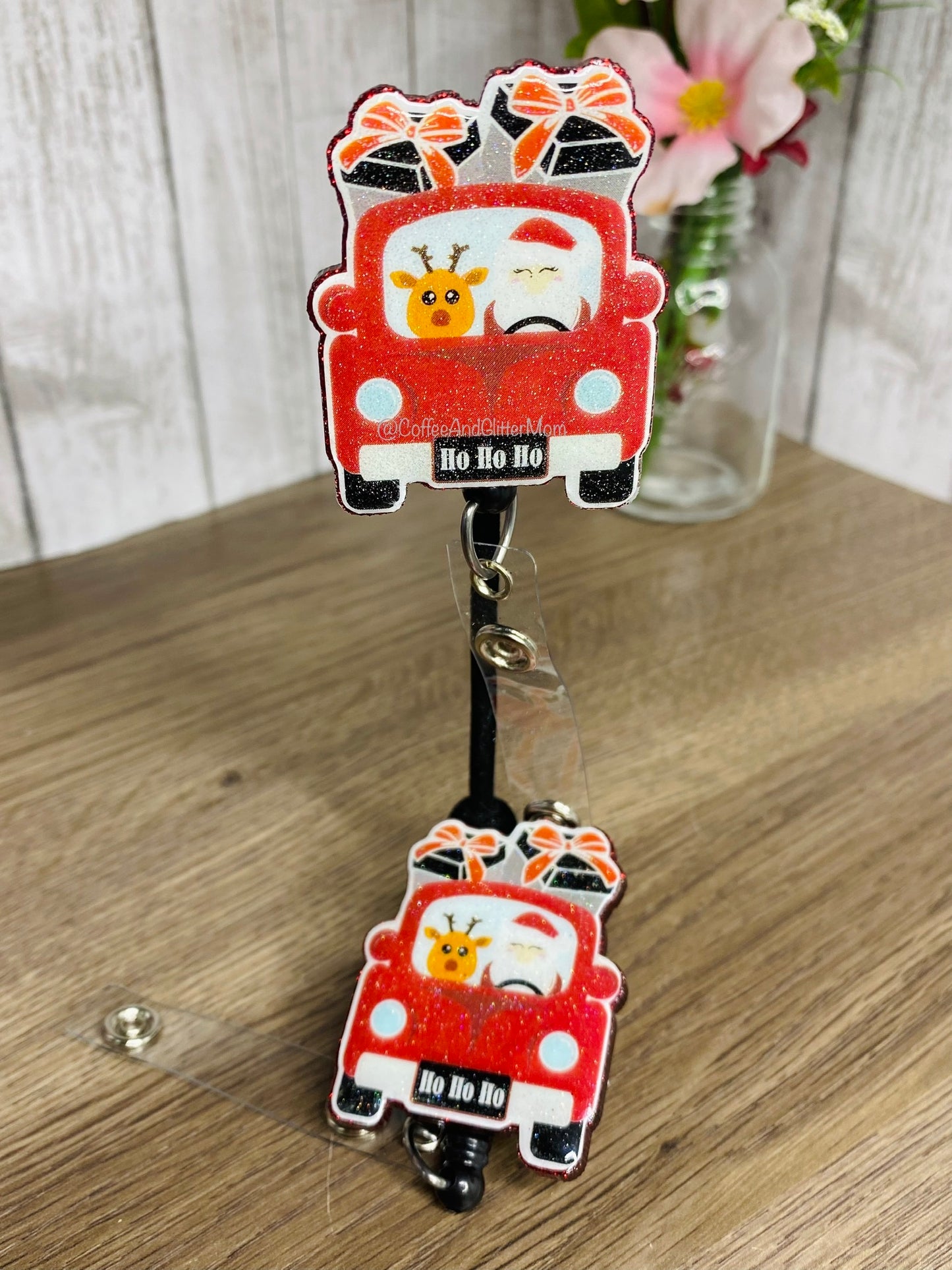 Santa and Reindeer Truck Badge Reel