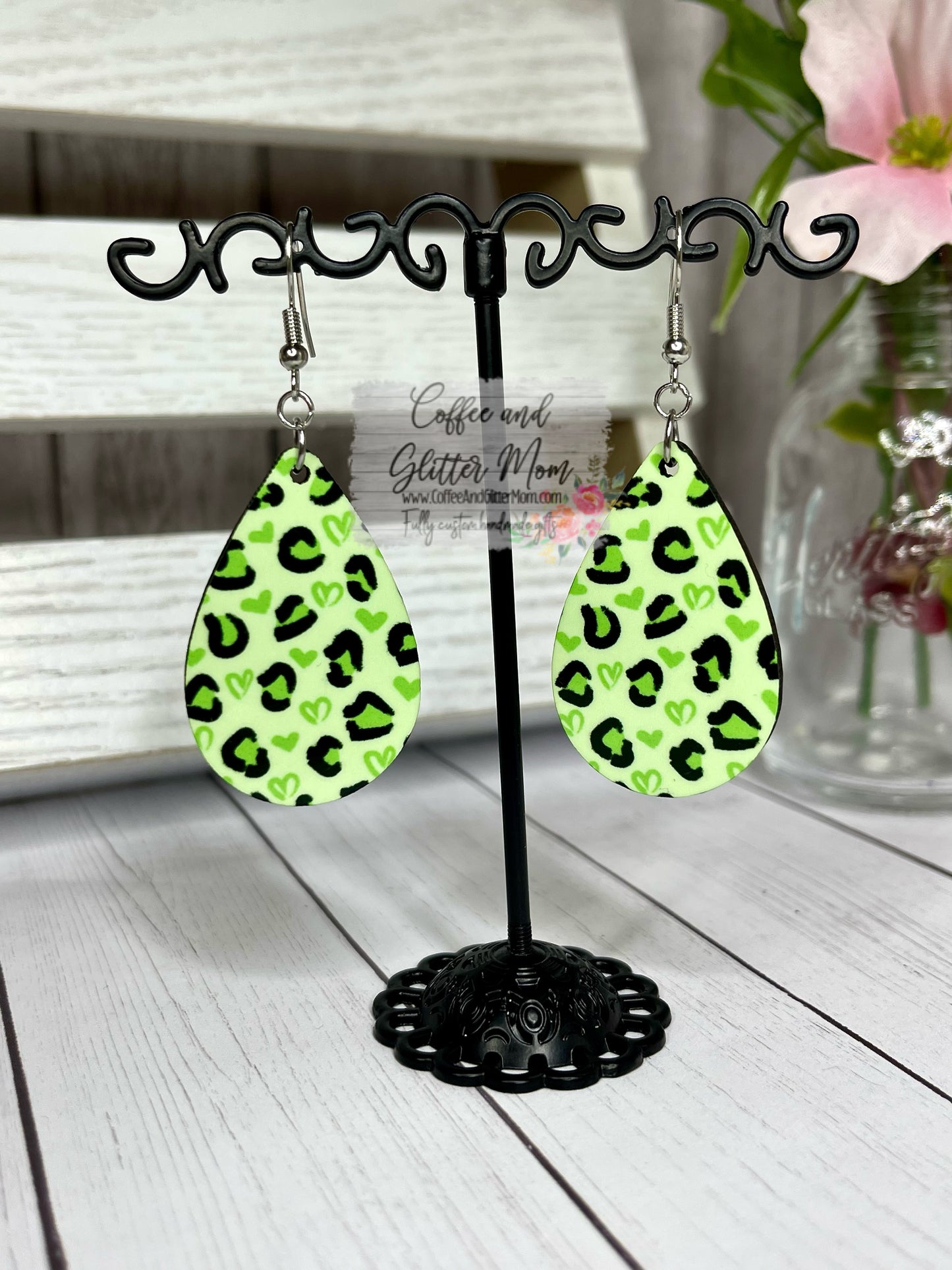 Green Leopard Heart Earrings