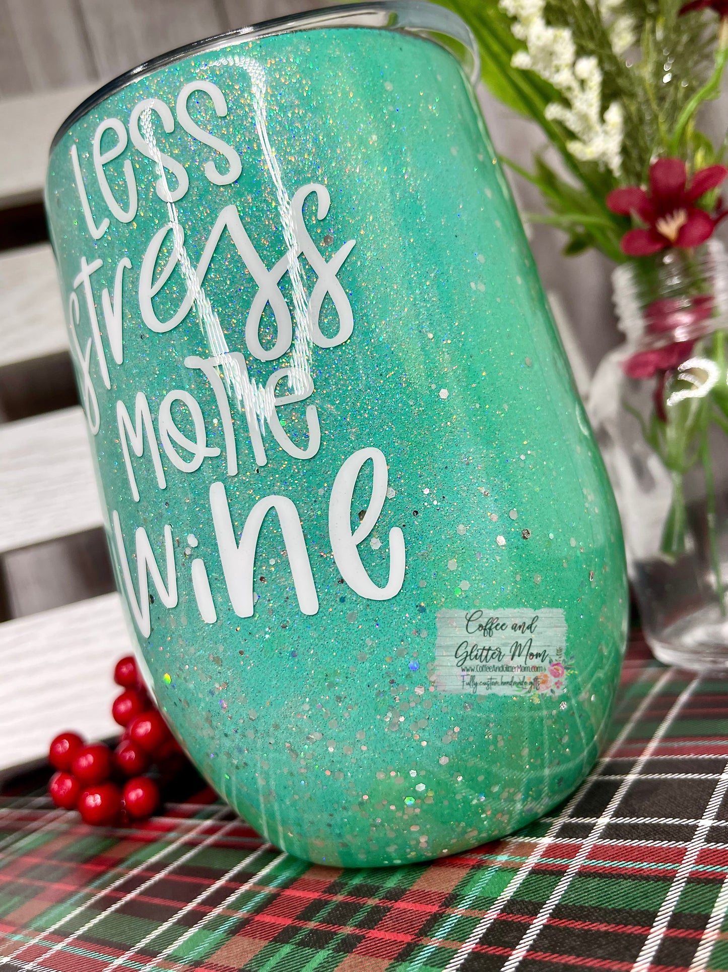 Less Stress More Wine 15oz Wine Tumbler with Lid and Straw