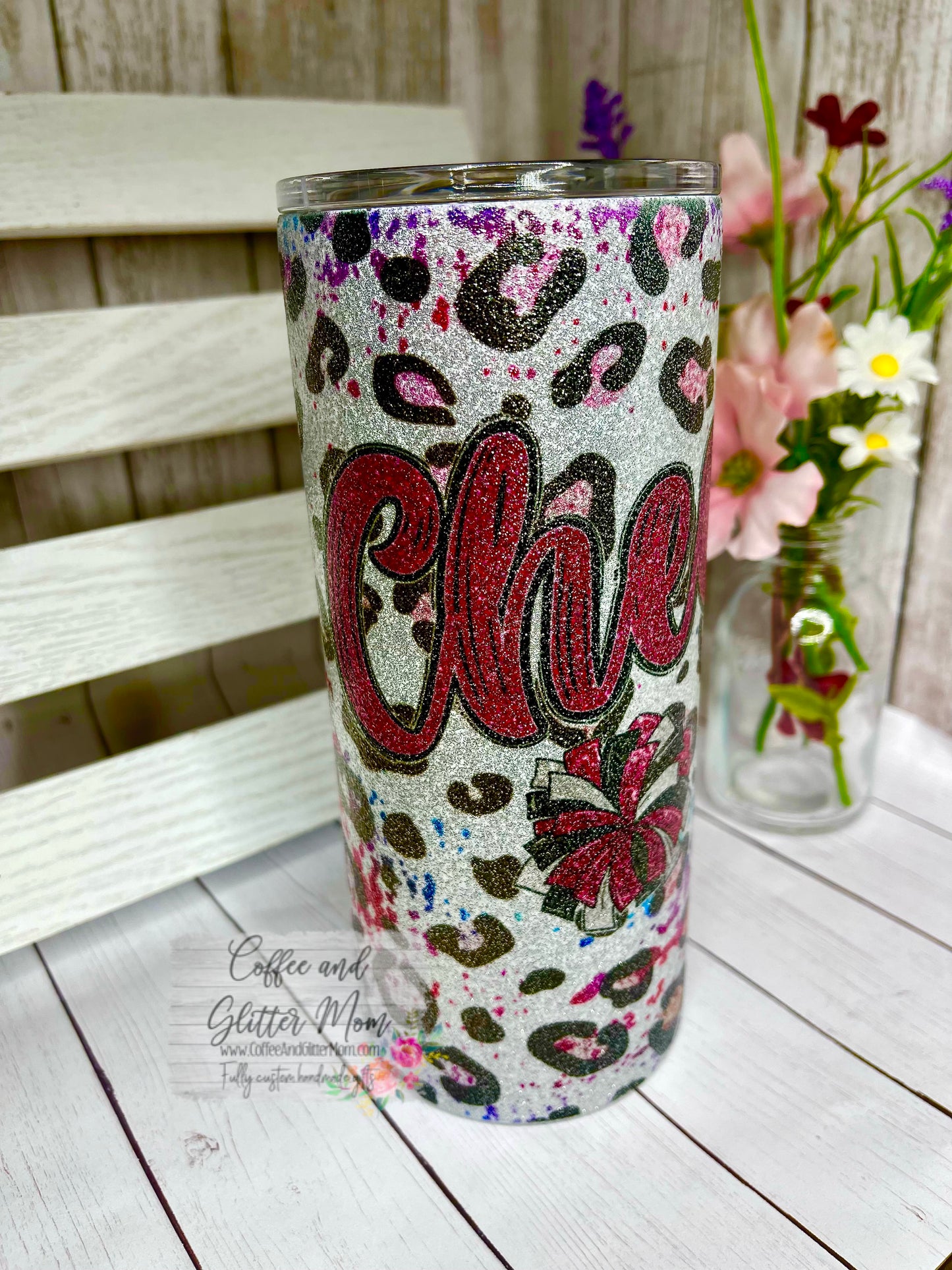 Animal Print Pink Cheer 15oz Silver Glitter Skinny Tumbler