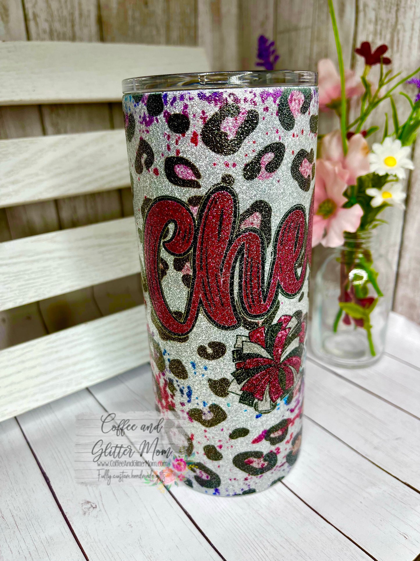 Animal Print Pink Cheer 15oz Silver Glitter Skinny Tumbler