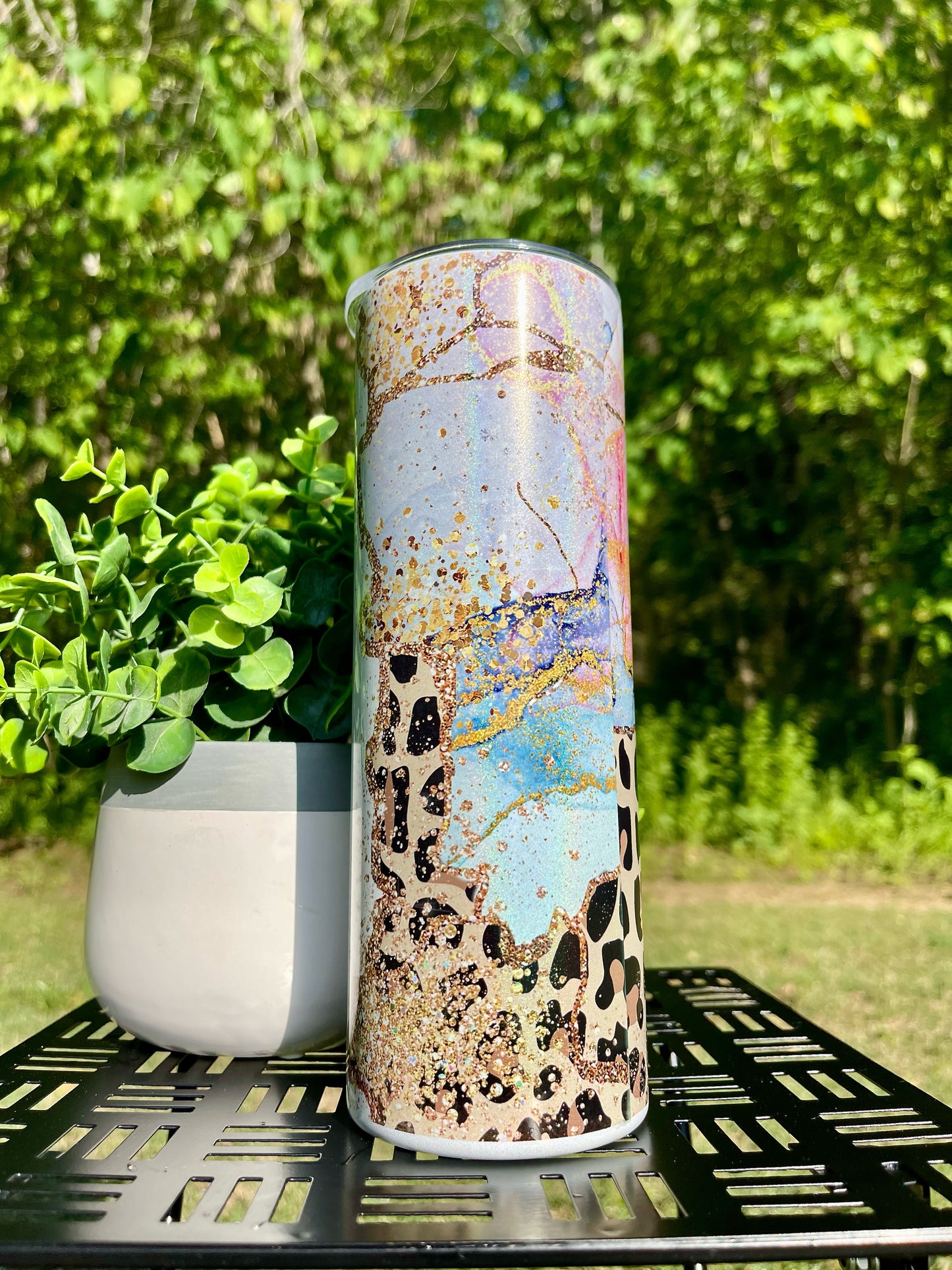Animal Print Pink Geode Customizable 20oz White Rainbow Skinny Tumbler
