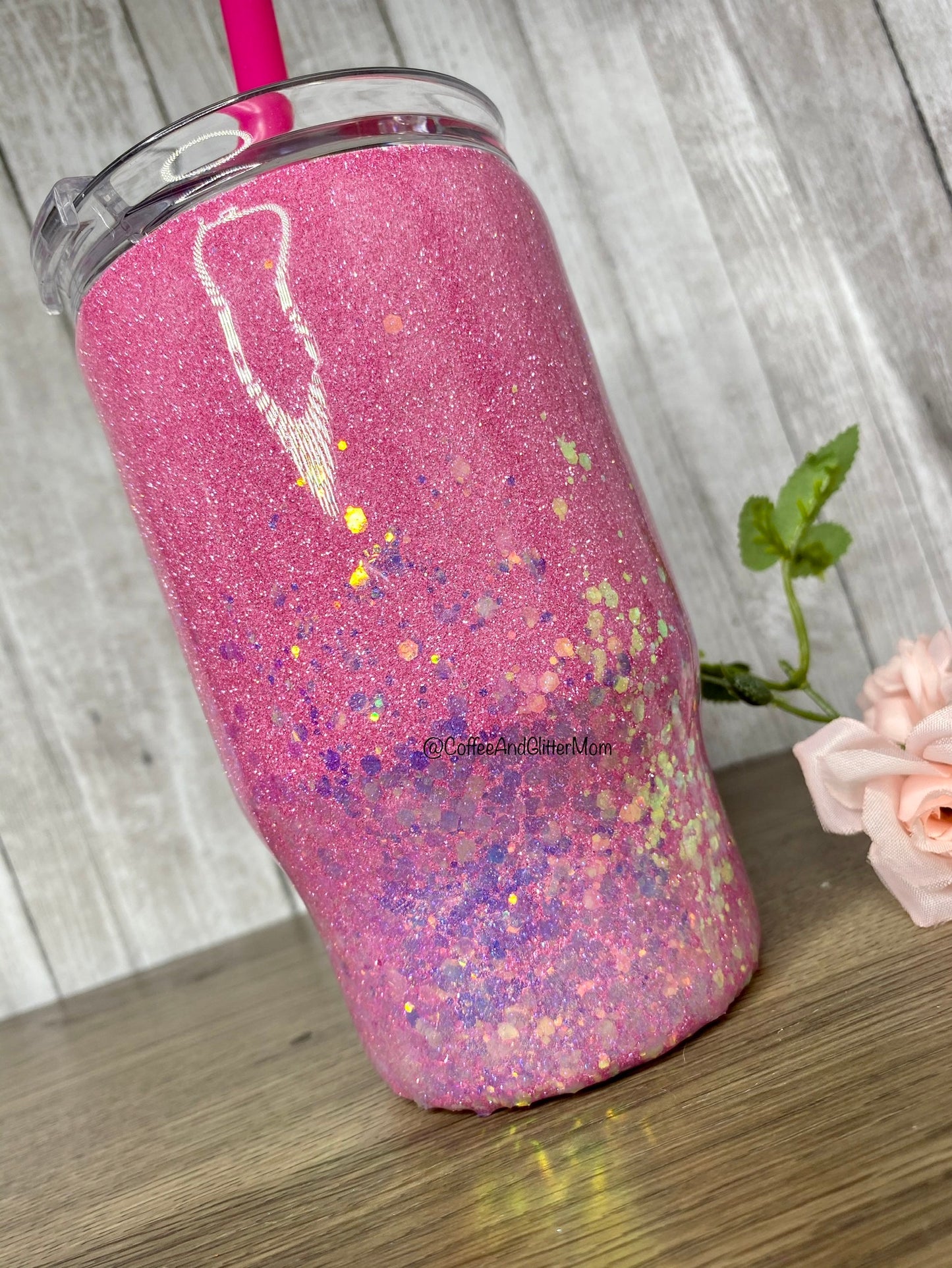 14oz Kids tumbler (with straw) Pink Diamonds and Golden Opal Chunky