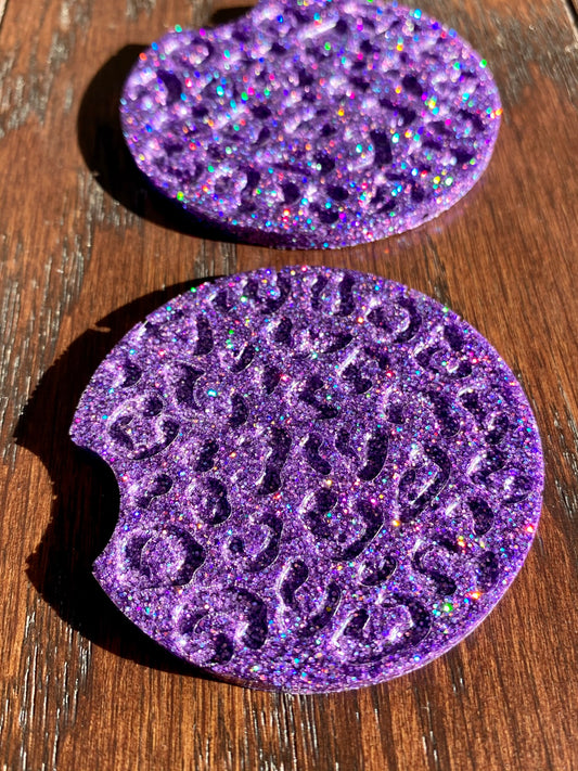 Leopard Print Electrified Purple Car Coaster Set