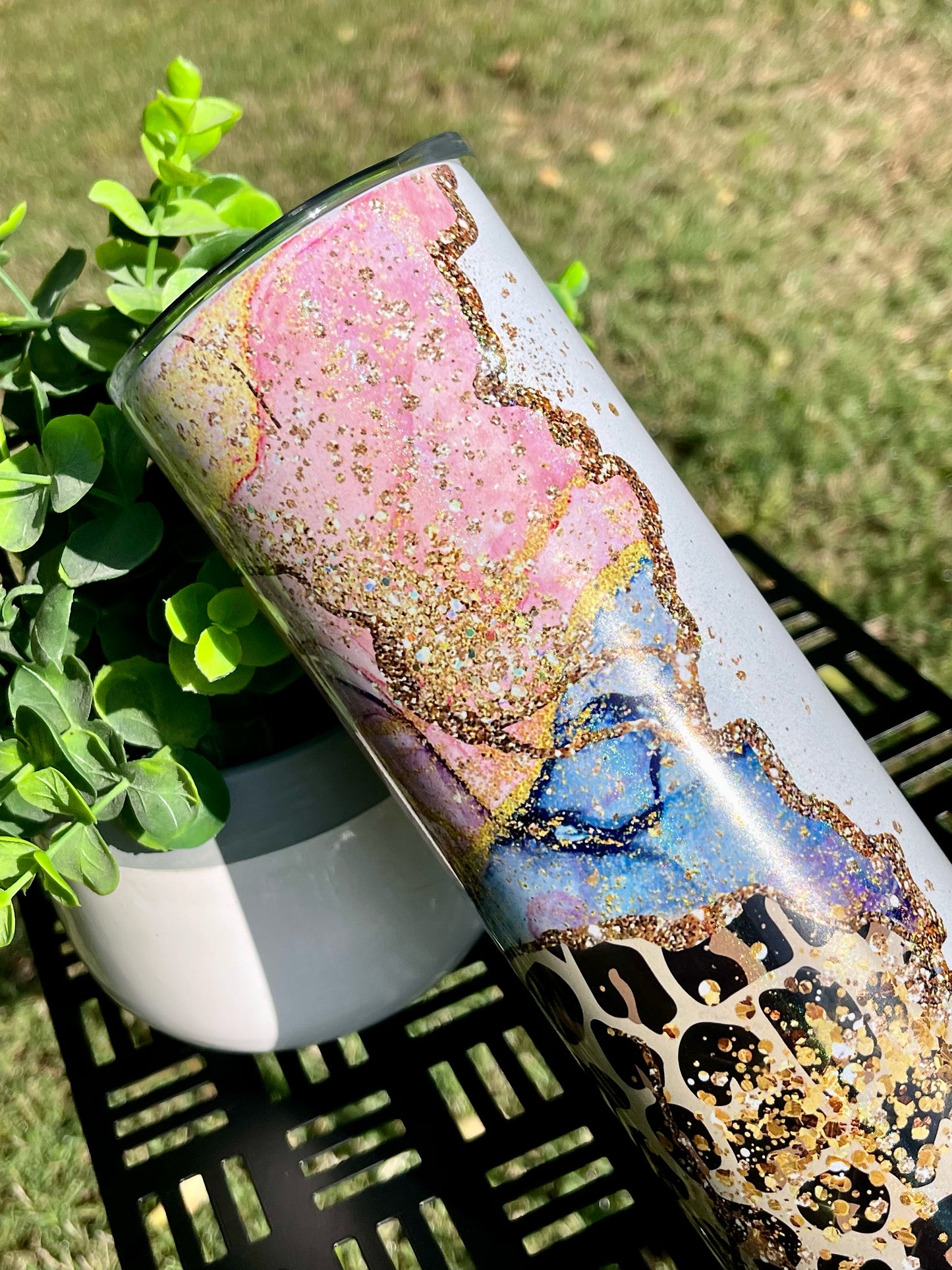 Animal Print Pink Geode Customizable 20oz White Rainbow Skinny Tumbler