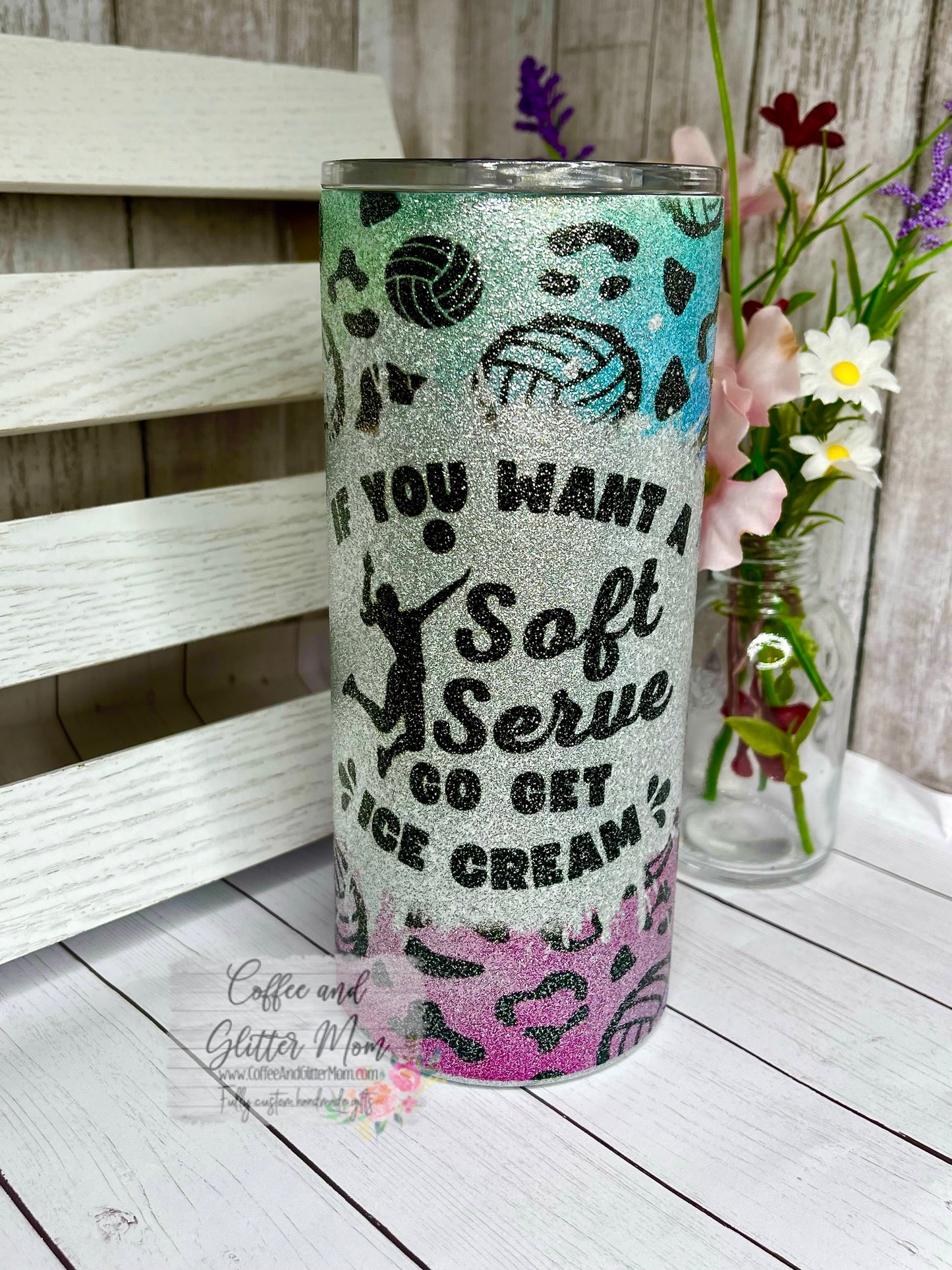 Volleyball Soft Serve 15oz Silver Glitter Skinny Tumbler