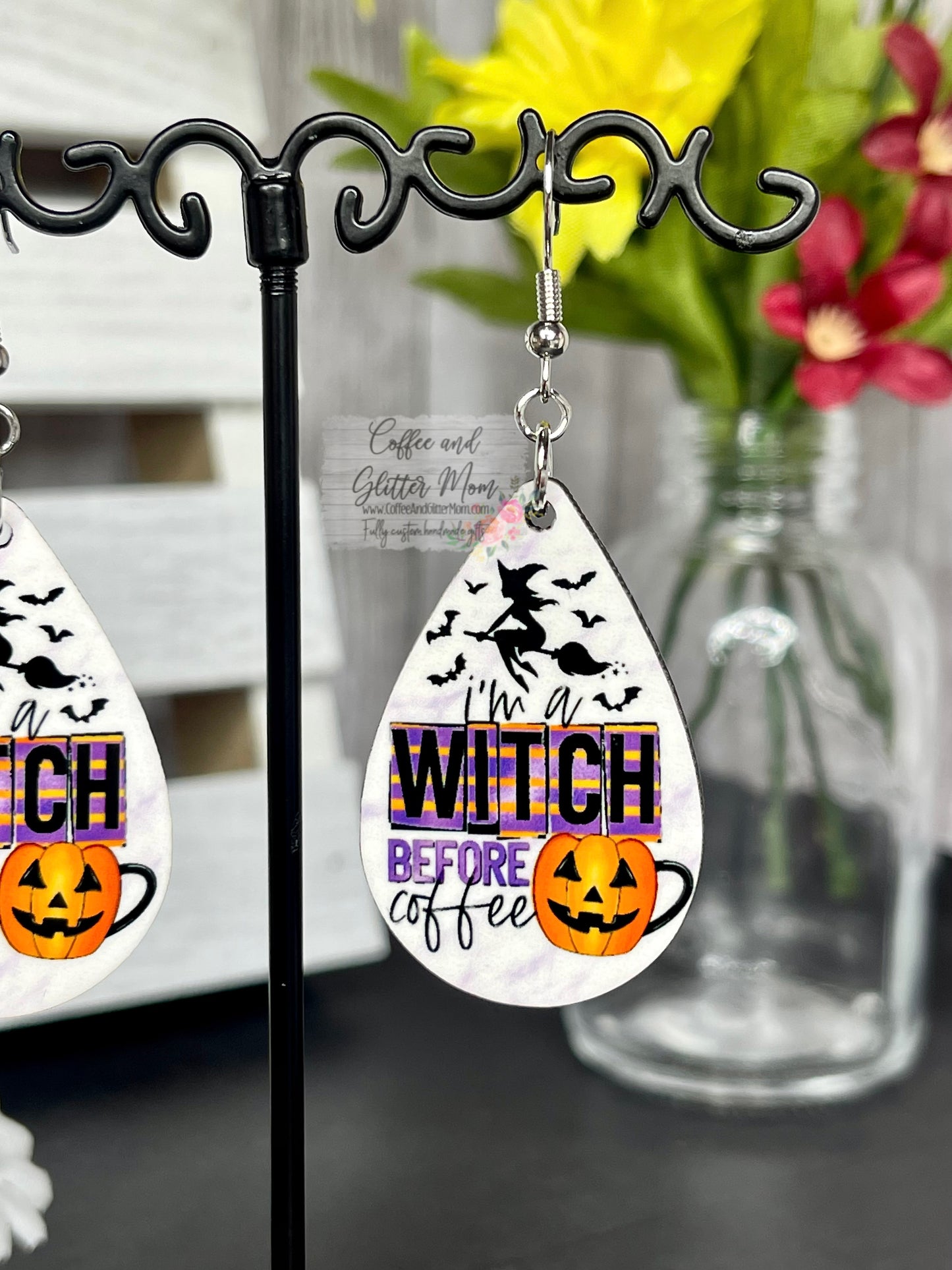 Witch Before Coffee Halloween Teardrop Earrings