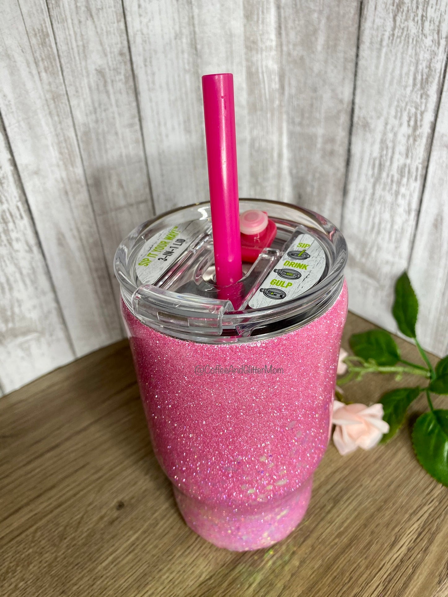 14oz Kids tumbler (with straw) Pink Diamonds and Golden Opal Chunky
