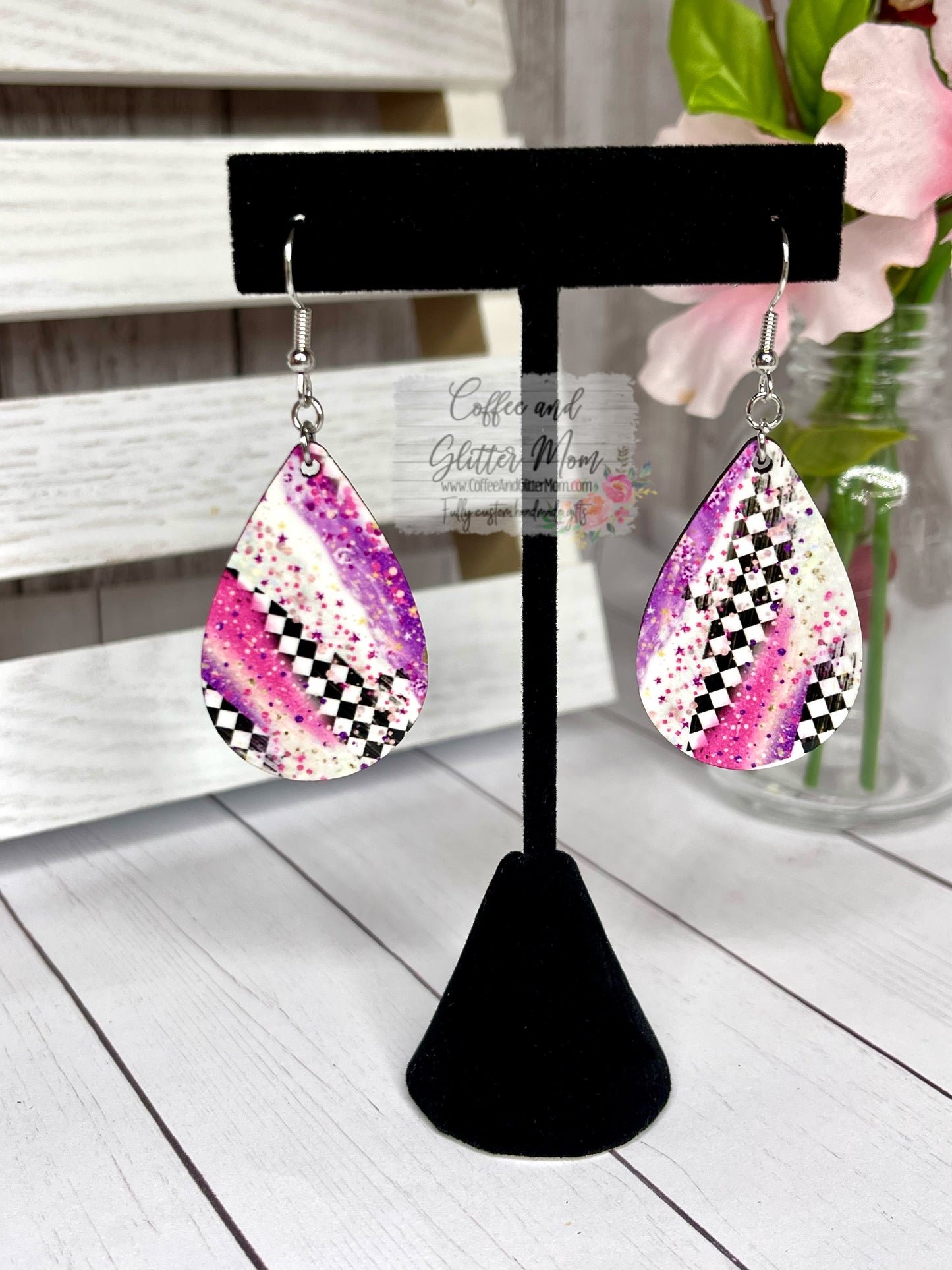 Pink Checkered Teardrop Earrings