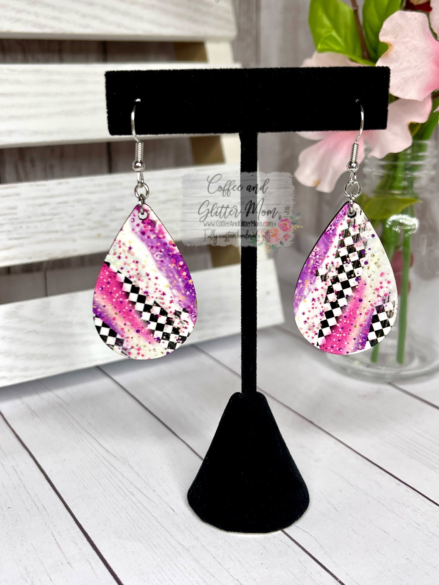 Pink Checkered Teardrop Earrings RTS