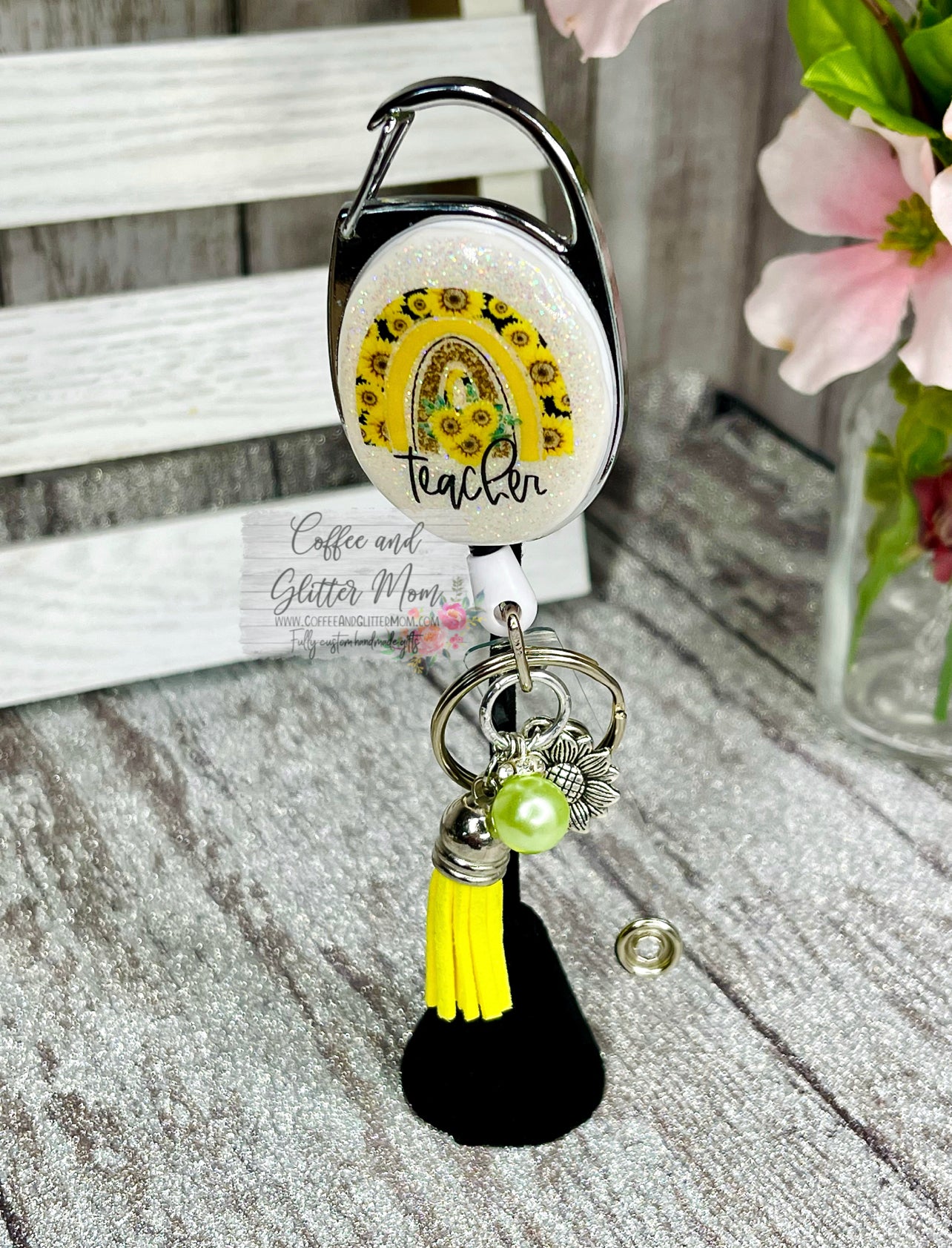 Sunflower Teacher Rainbow Clip On Retractable Key Ring
