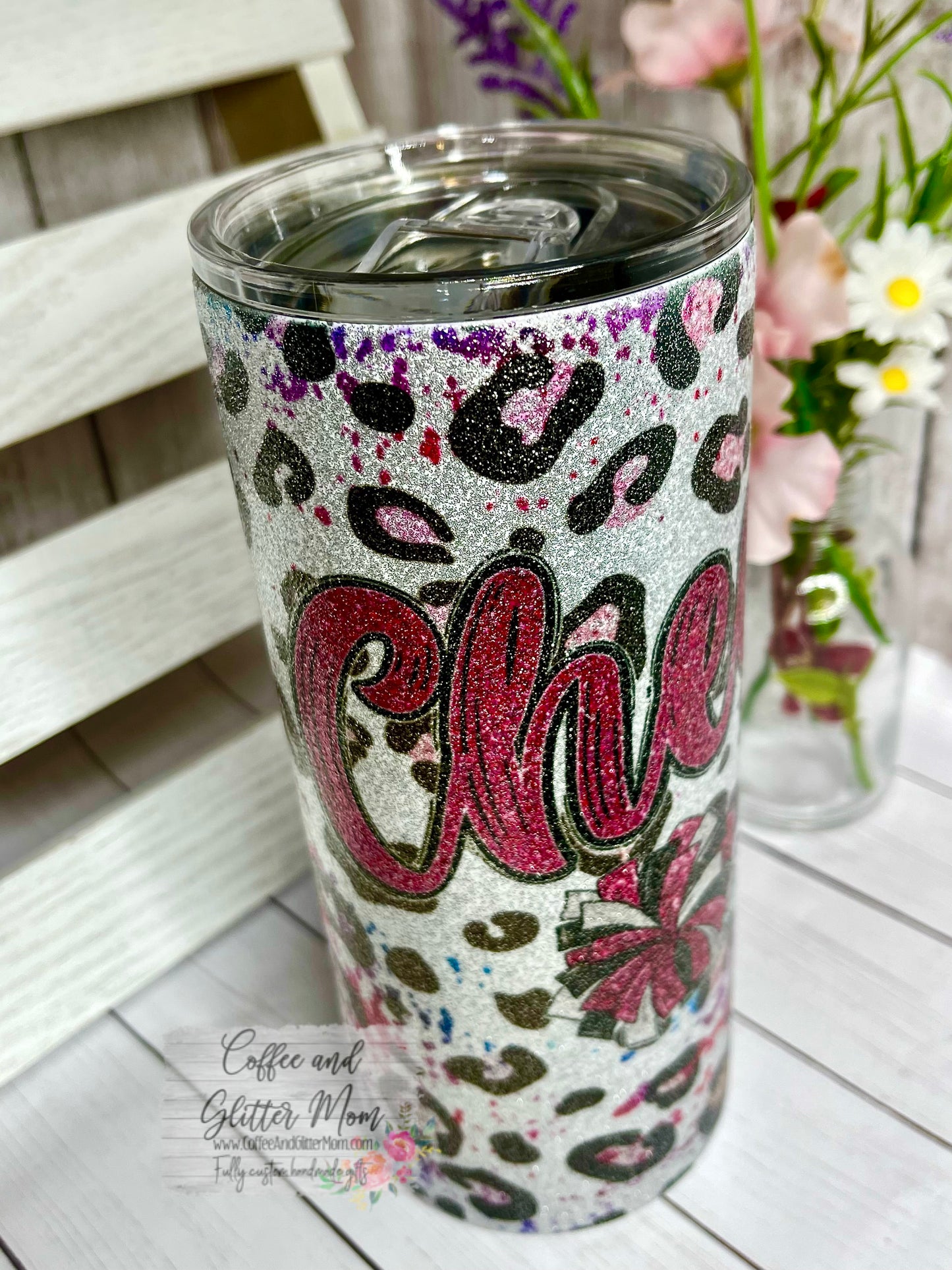 Animal Print Pink Cheer 15oz Silver Glitter Skinny Tumbler