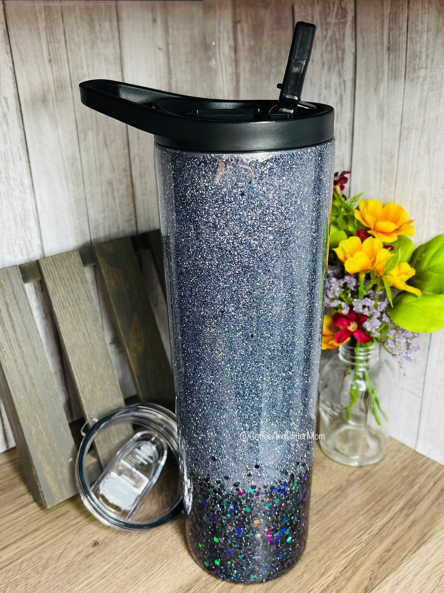 30oz Duo-Lid Gunmetal and Chunky Holo Black Skinny Tumbler With Straw